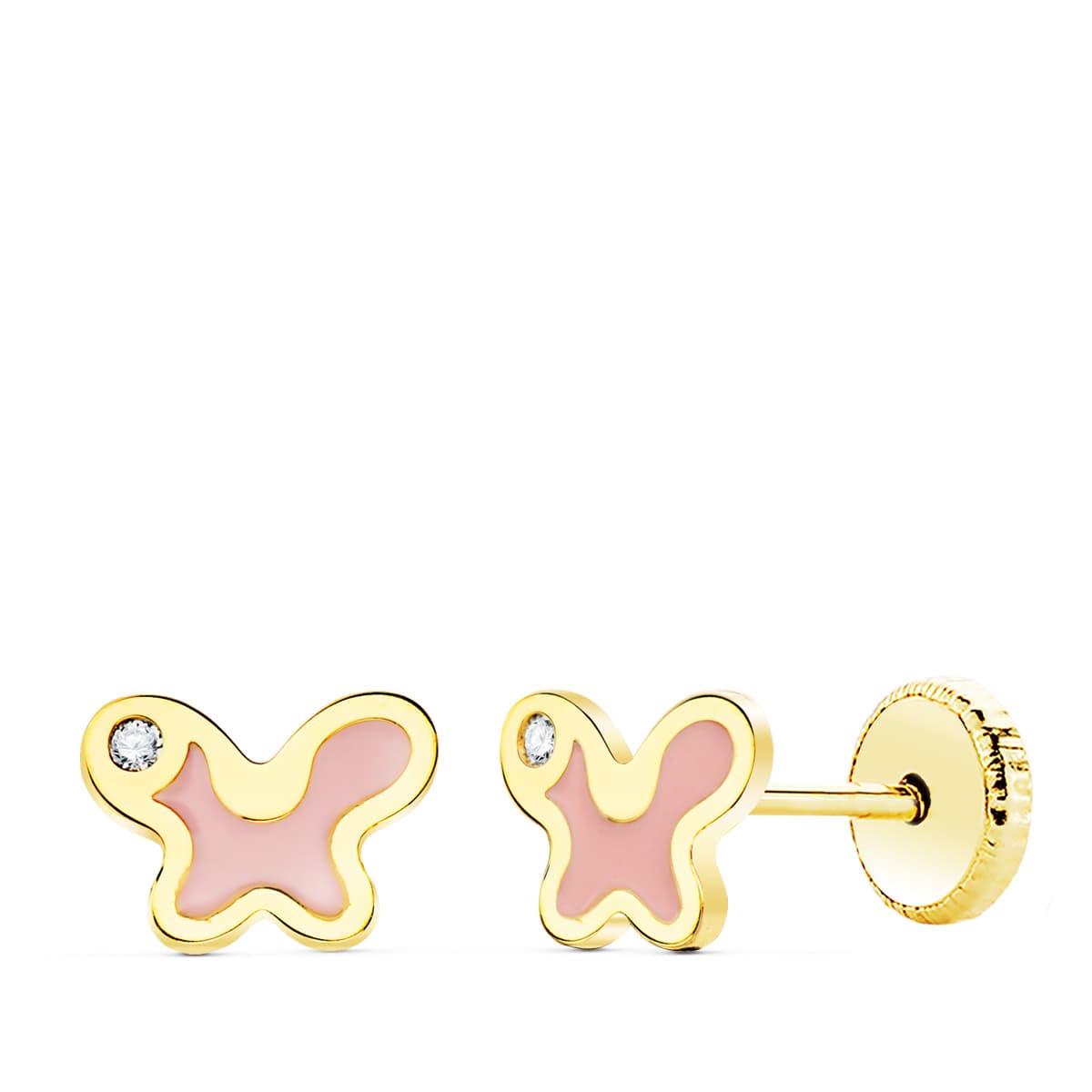 18K Boucles d'oreilles Or Jaune Papillon Émail Rose 7 X 5 mm