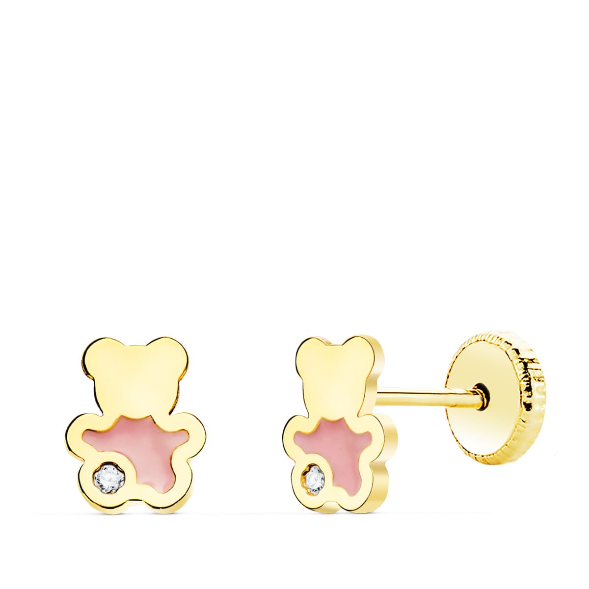 18K Boucles d'oreilles en Or Jaune Ours Émail Rose. 6X5 mm Fermoir à Vis.