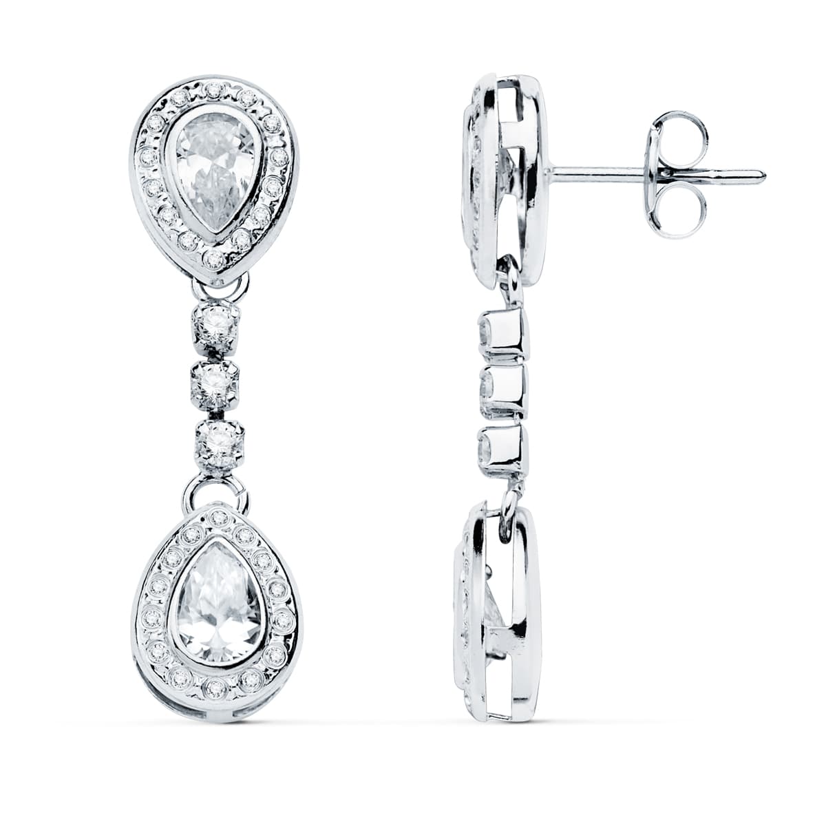 18K Boucles d'oreilles Or Blanc et Zircons 30 X 8 mm Fermoir Poussettes Papillon