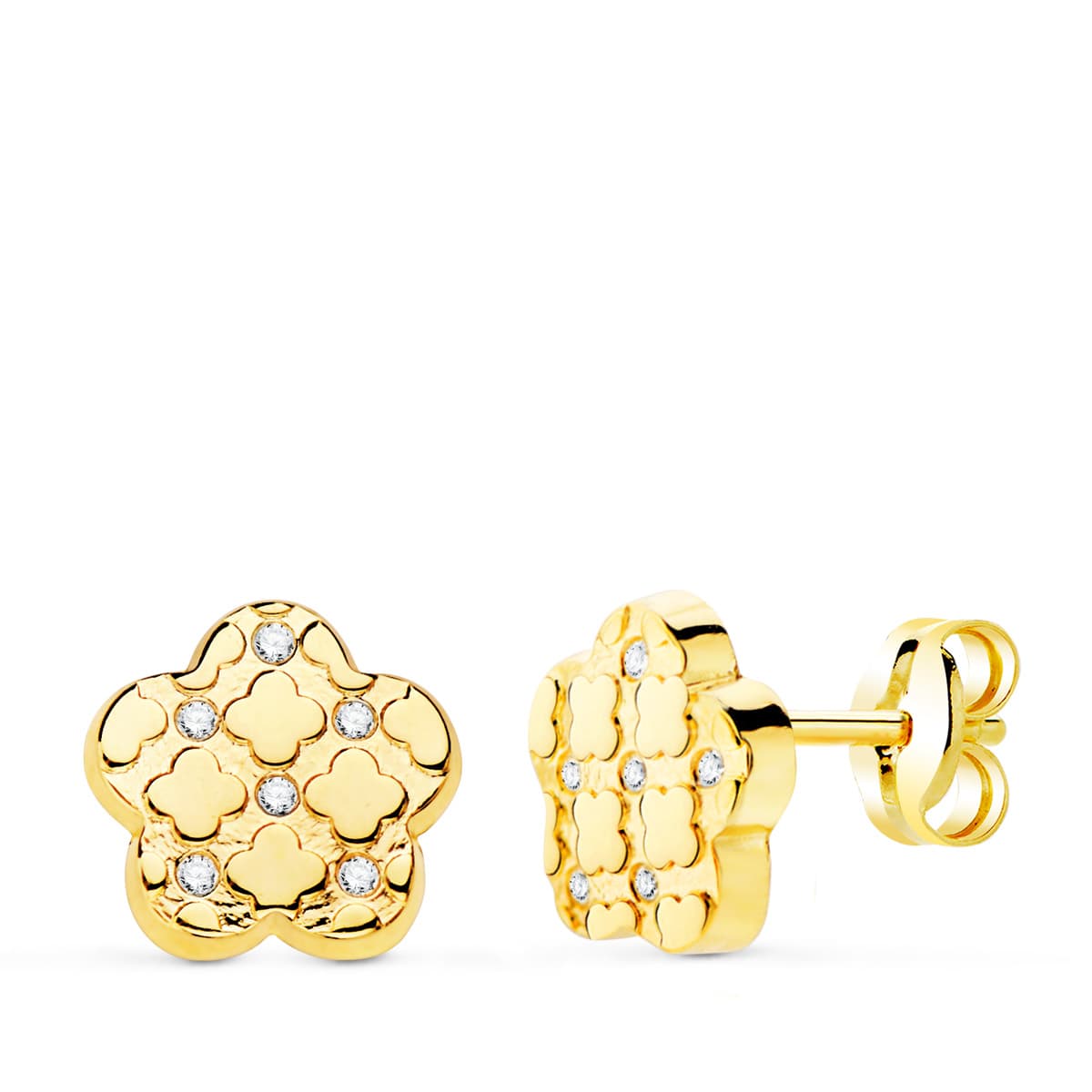 18K Boucles d'oreilles Or Jaune Fleur et Zircons 7.5 X 7 mm Fermoir Poussettes Papillon