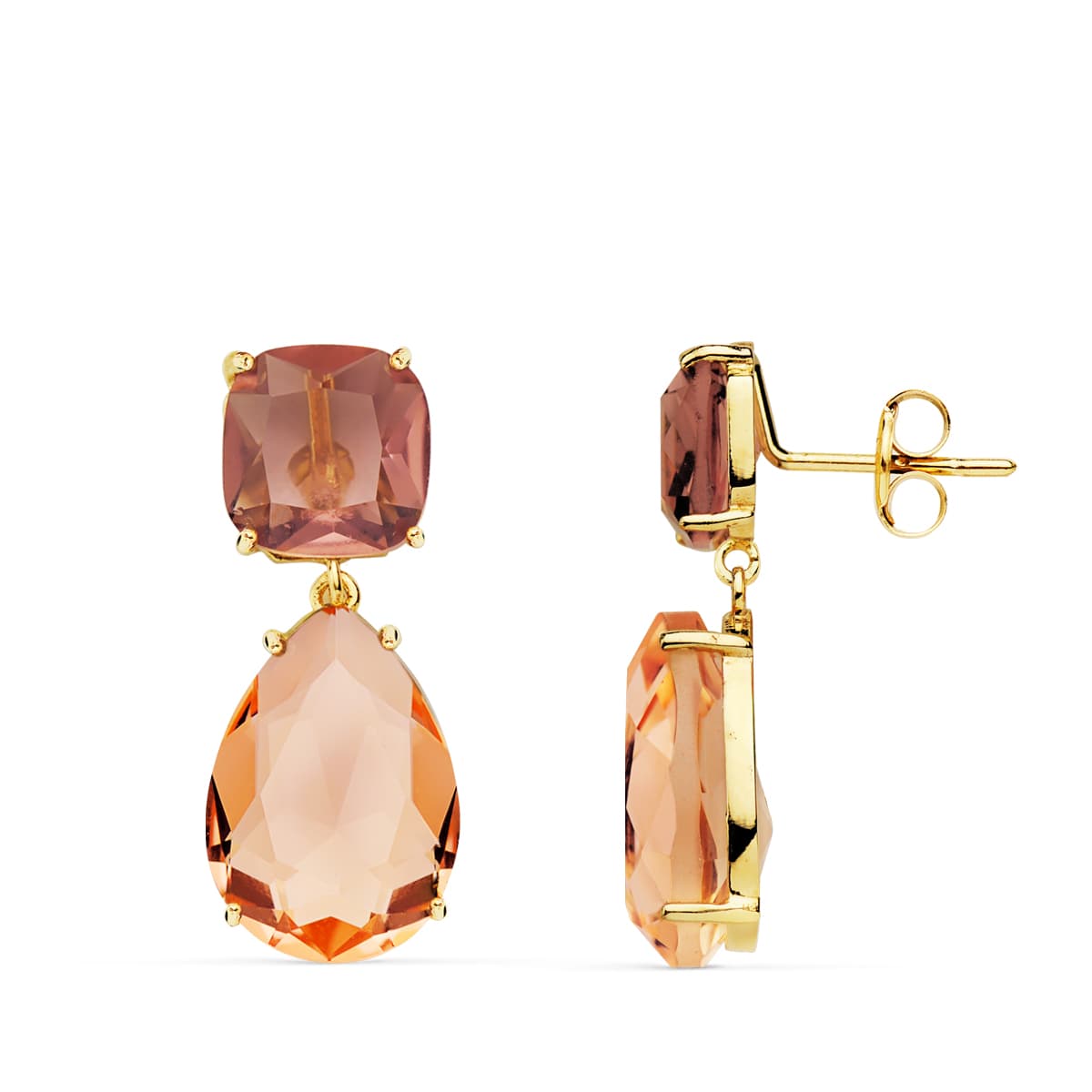 Boucles d'oreilles Or Jaune 18K Pierre Couleur Poire Alexandrite et Kuncite 24X10 mm Fermoir Poussettes Papillon