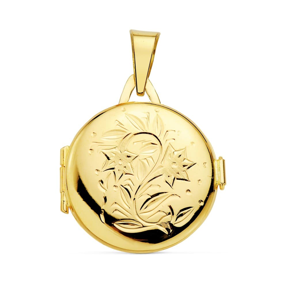 18 Karat Gelbgold, geschnitzter runder Fotohalter-Charm, 21 mm
