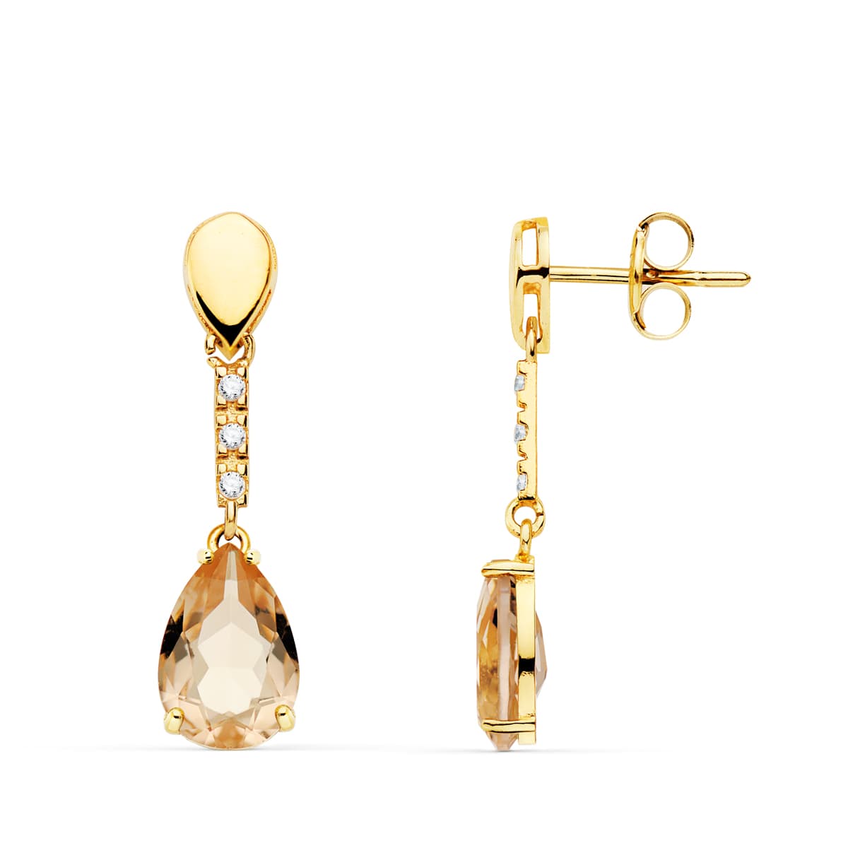 Boucles d'oreilles Or Jaune 18K Goutte Pierre Couleur Kuncite 28X7 mm Fermoir Poussettes Papillon