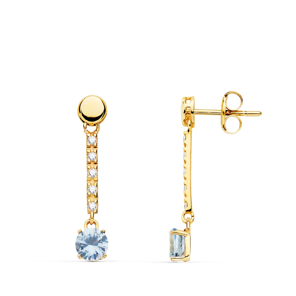 Boucles d'oreilles Or Jaune 18K Pierre Ronde Couleur Aigue-marine 25X5 mm Fermoir Poussettes Papillon