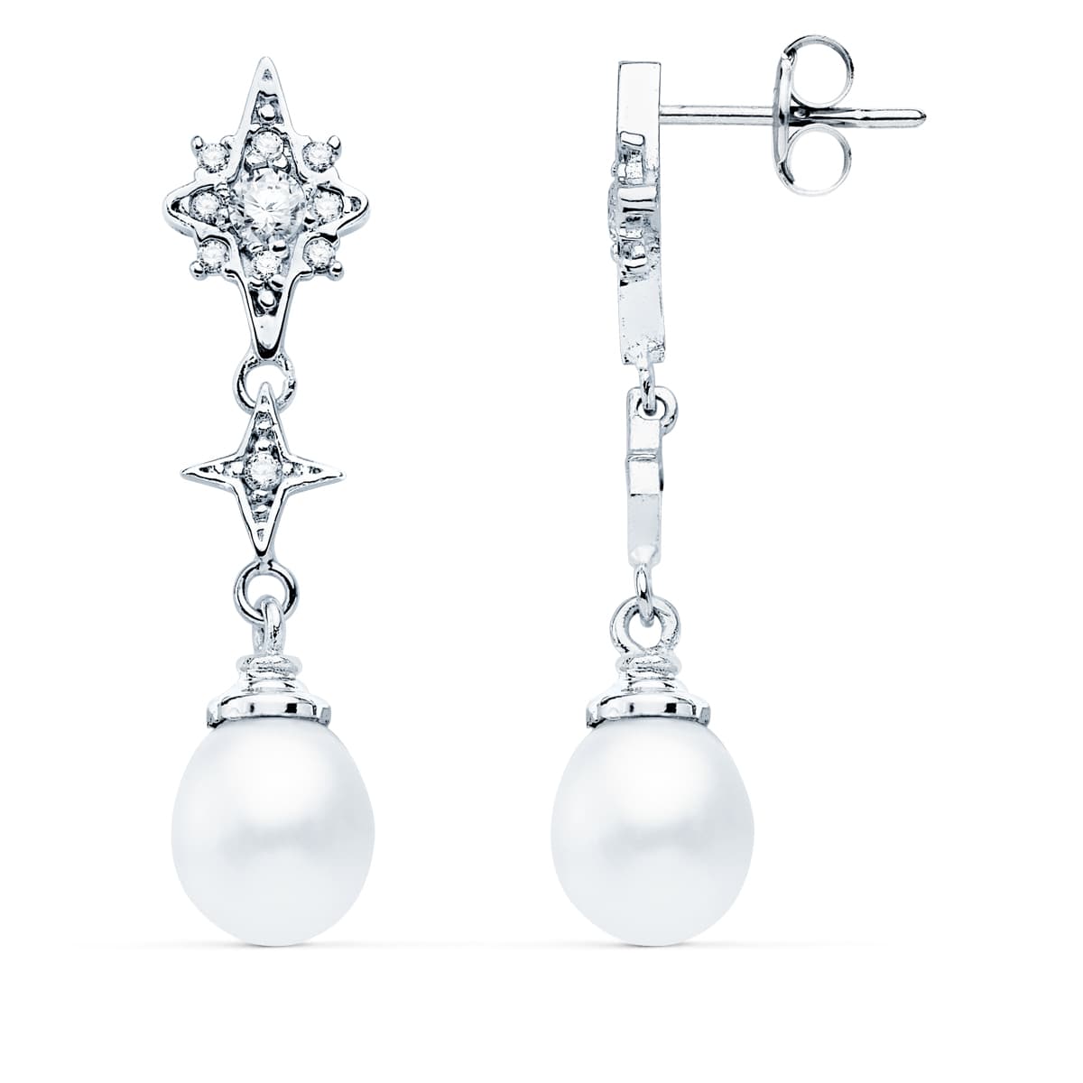 18K Boucles d'oreilles Or Blanc Perle et Zircon 35X8 mm Fermoir Poussettes Papillon