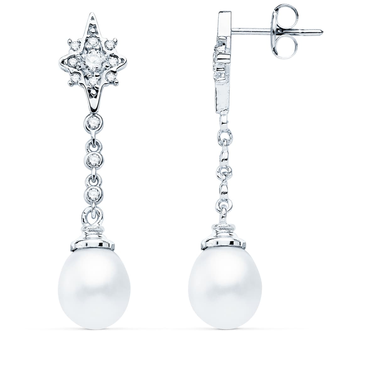 18K Boucles d'oreilles Pendantes Or Blanc Perle et Zircons 37X7 mm Fermoir Poussettes Papillon