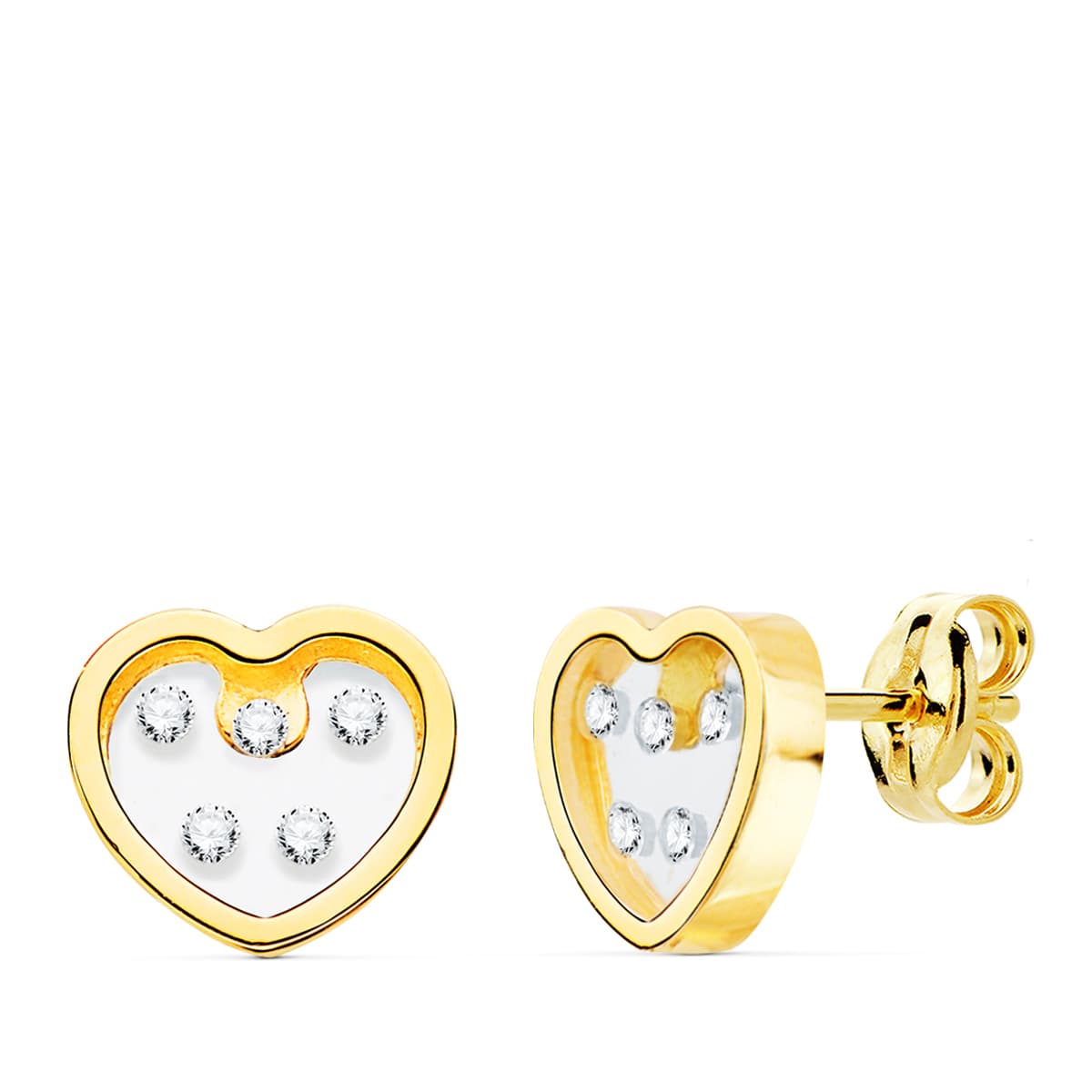 18K Boucles d'oreilles Or Jaune Coeur Airshine et Zircons 8 X 7 mm Fermoir Poussettes Papillon