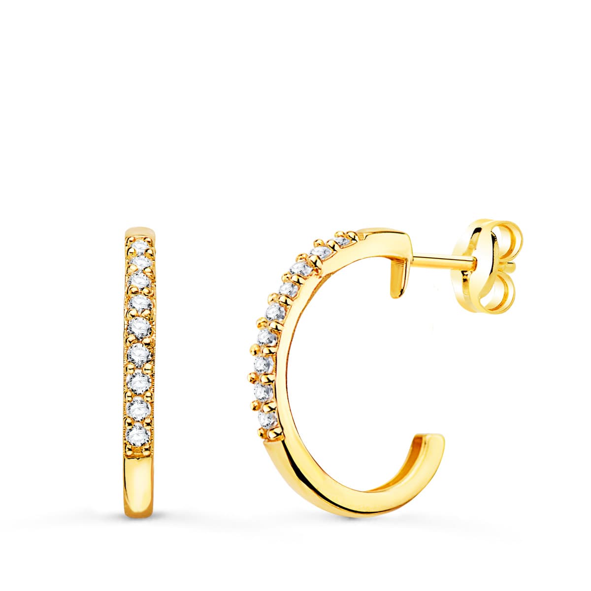 18K Half Hoop Earrings with Zircons 14 mm Width 1.5 mm Push Clasp