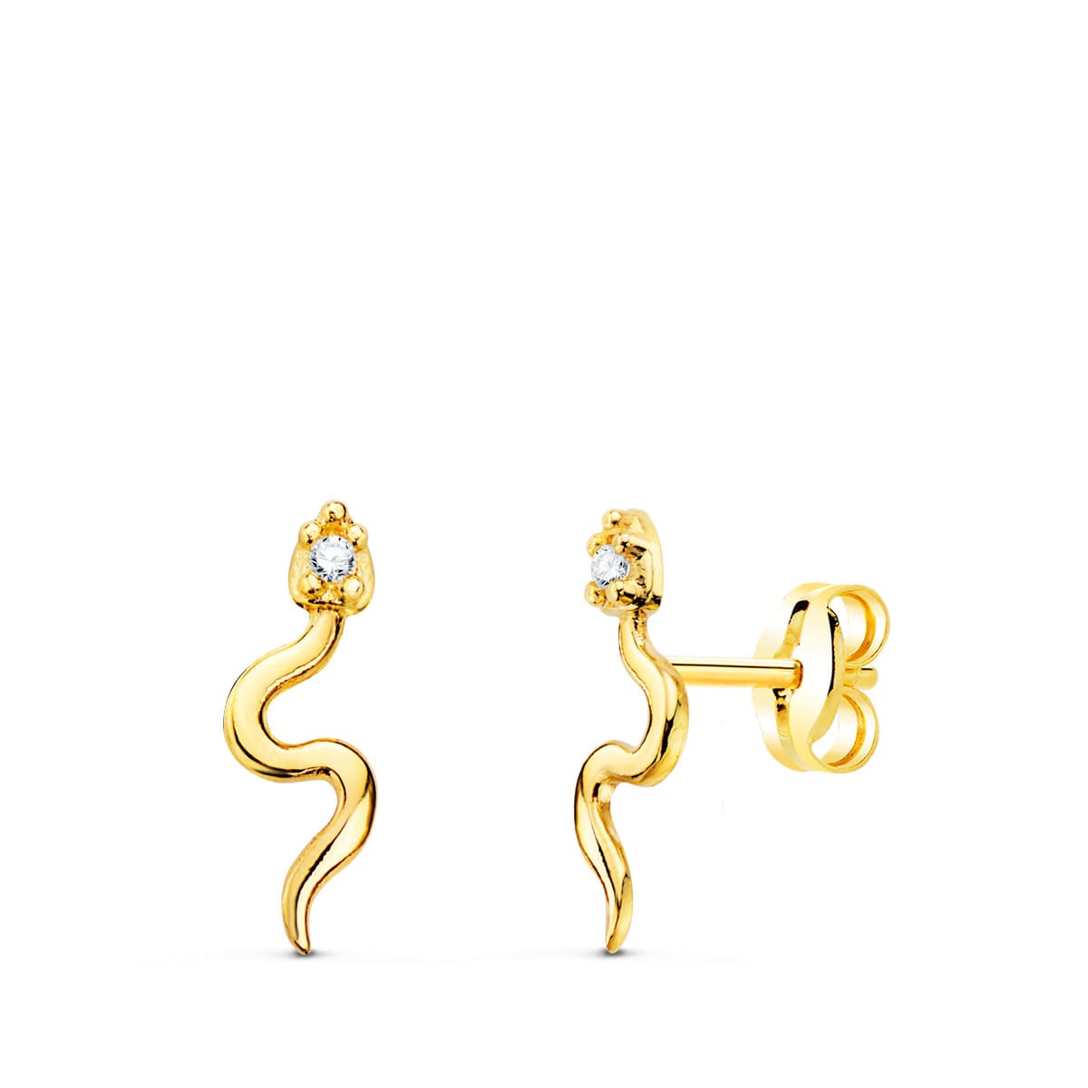 Pendientes Serpiente de Oro Amarillo de 18K con Tachuelas de Circonitas de 12X4 mm.