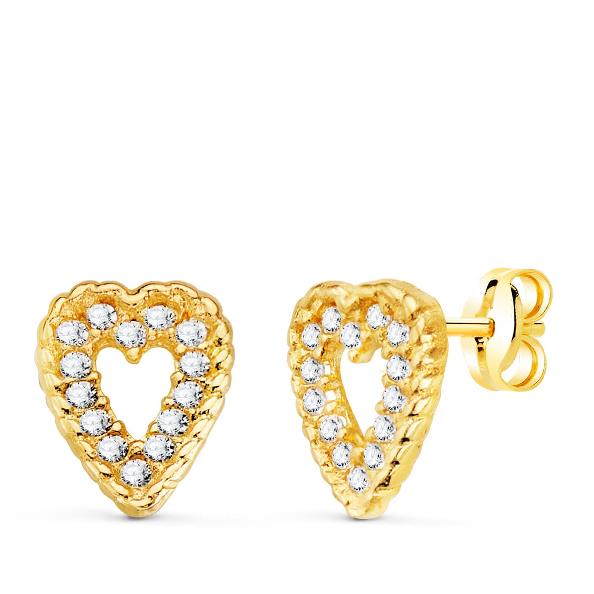 18K Boucles d'oreilles en Or Jaune Coeur 9X7 mm 28 Zircons. Poussettes