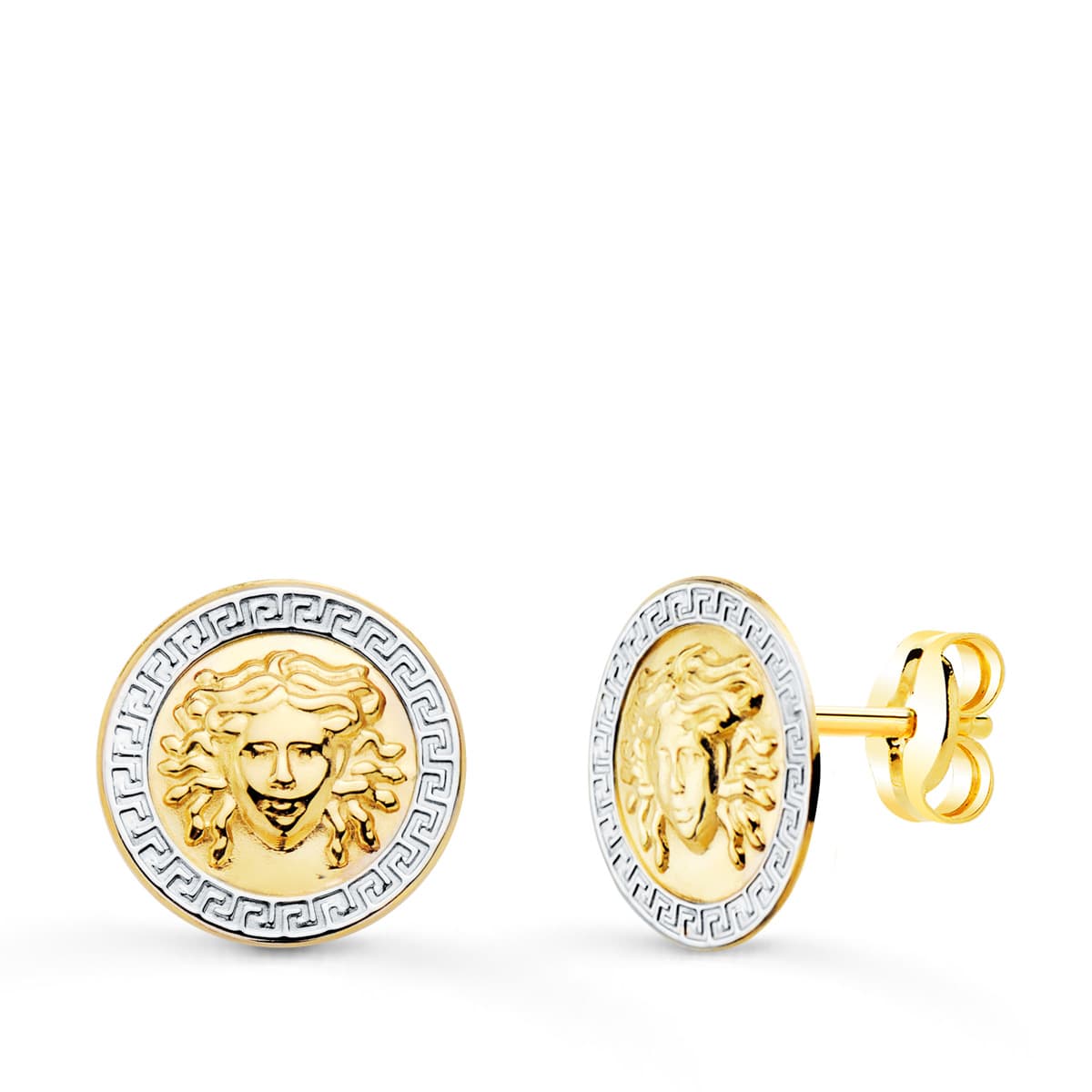 18K Two Tone Gold Greek Jellyfish Earrings 12mm Push Clasp