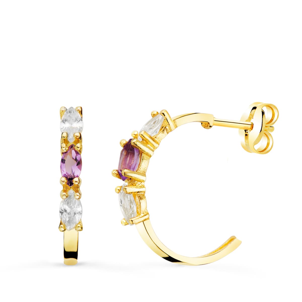 18K Boucles d'oreilles Demi-créoles Or Jaune Améthyste Taille Marquise. 15X2 mm