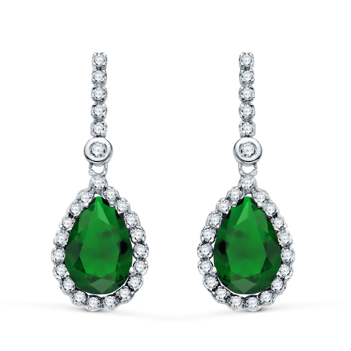 18K Boucles d'oreilles Or Blanc avec Pierre Vert 12 X 8 Mm. 33 X 12 mm Fermoir Poussettes Papillon