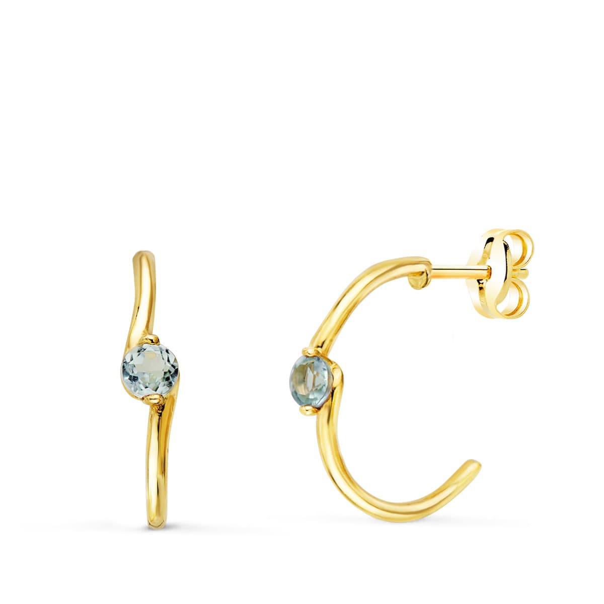 18K Boucles d'oreilles Demi-créoles Pierre Fine Carrée Or Jaune 15MM Fermoir Poussettes Papillon