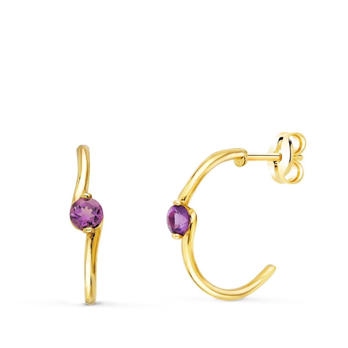 18K Boucles d'oreilles Demi-créoles Pierre Fine Carrée Or Jaune 15MM Fermoir Poussettes Papillon