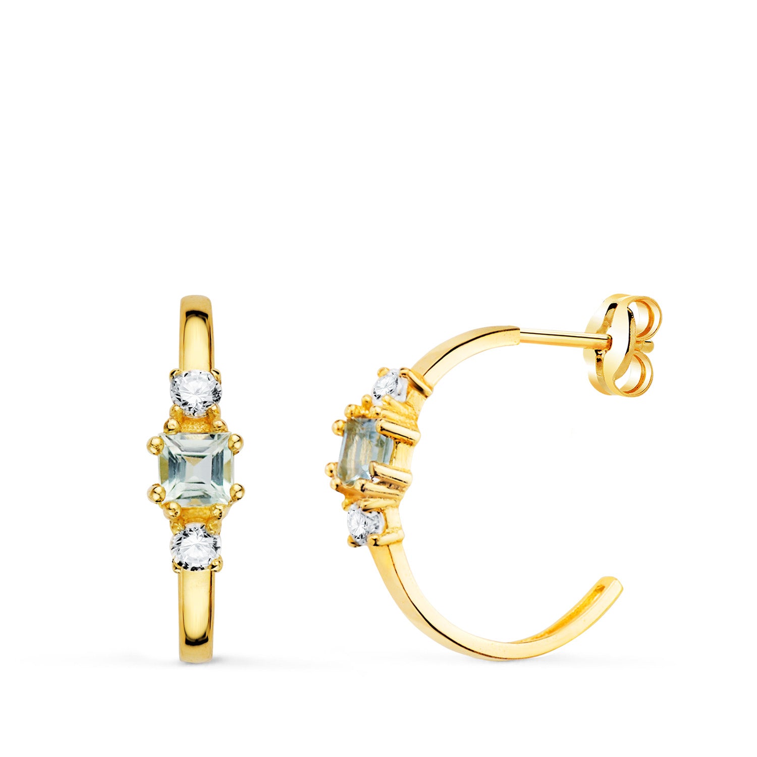 Boucles d'oreilles Demi-créoles Or Jaune 18K Aigue-marine Carrée et Zircone 14X3,5 mm Fermoir Poussettes Papillon