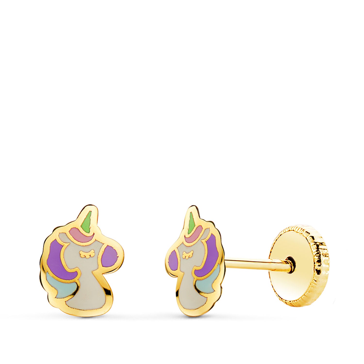 18K Clous d'oreilles en Or Jaune Licornes Émail. Fermoir à Vis. 7.5 X 5 mm