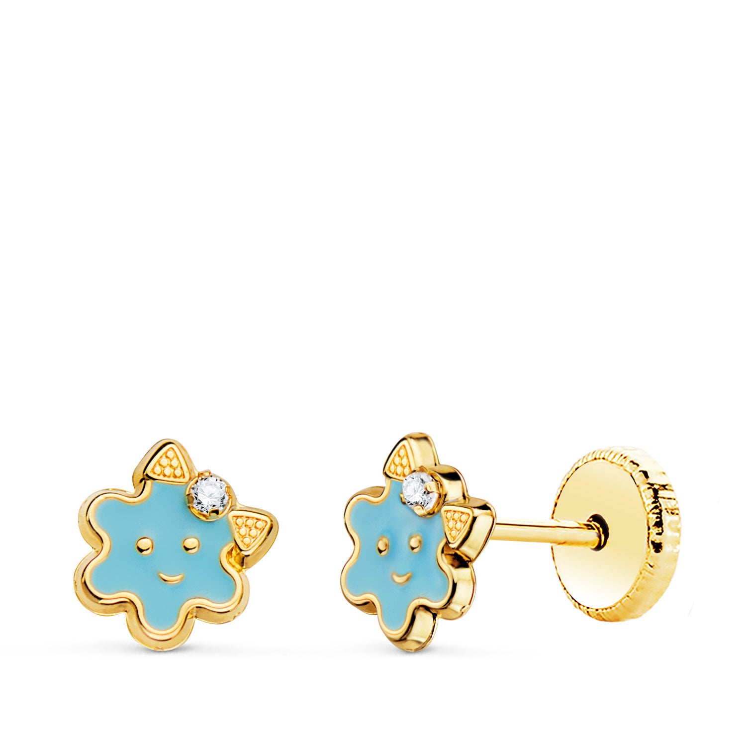 18 Clous d'oreilles en Or Jaune Fleur Émail Bleu Fermoir à Vis. 6,5X 6,5MM