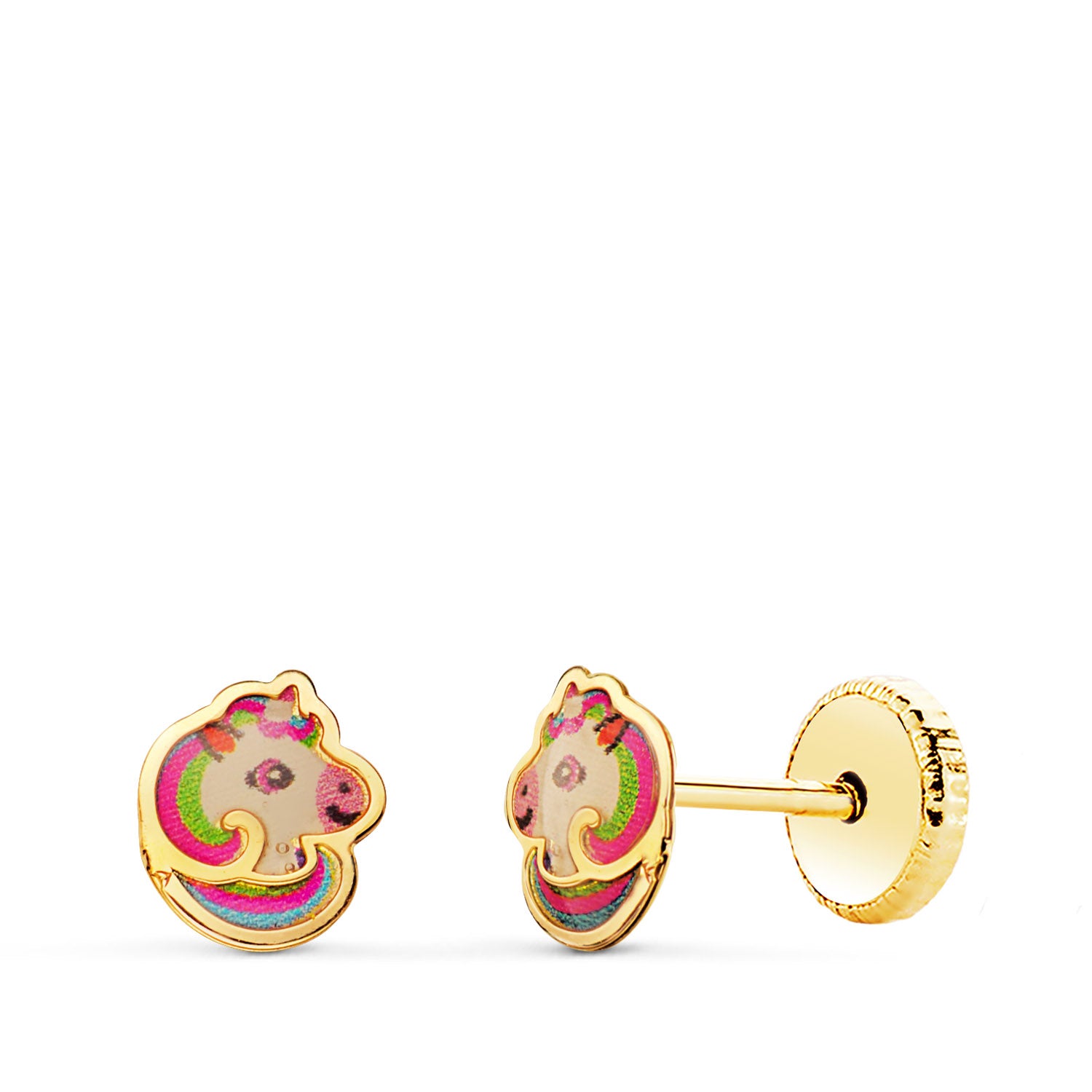 18K Clous d'oreilles Licornes Émail en Or Jaune. Fermoir à Vis 6 X 5 mm