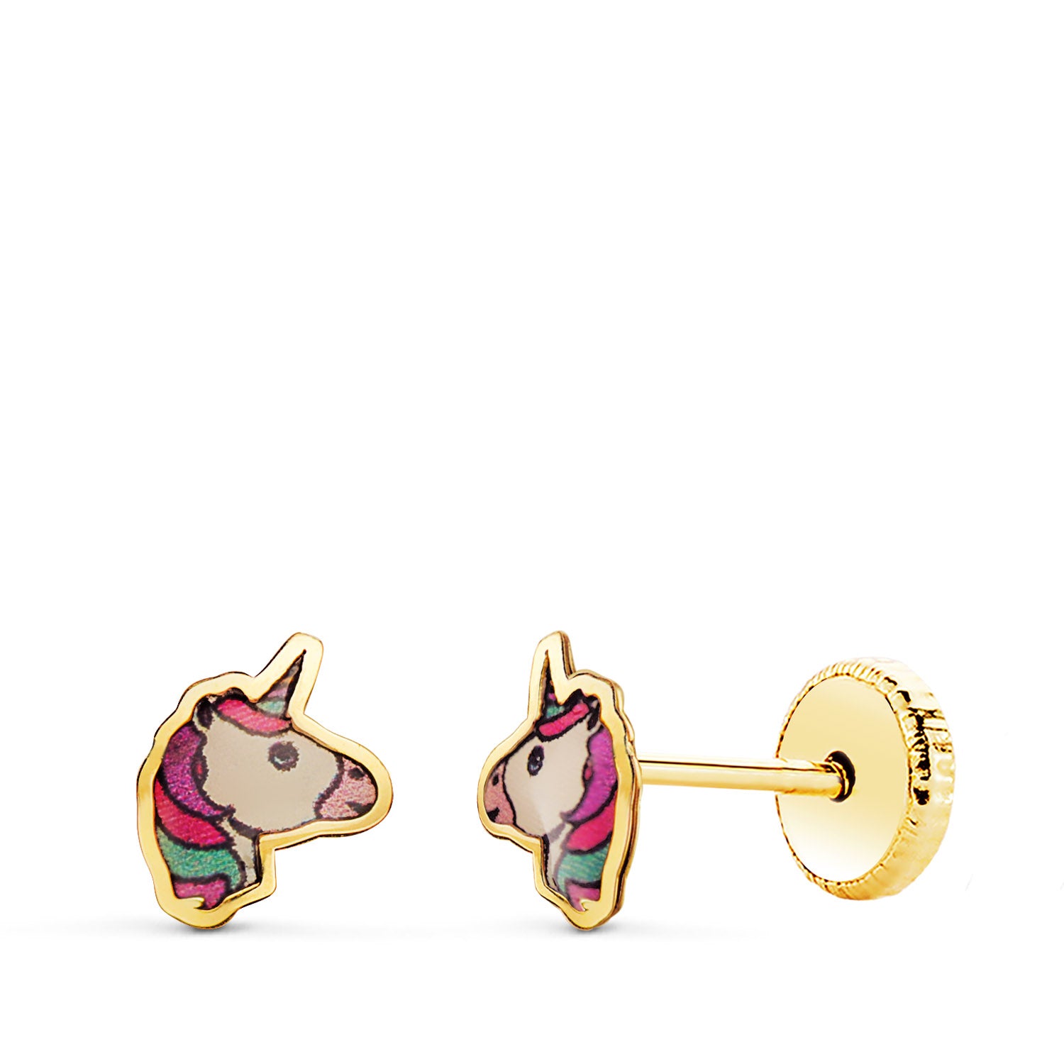 18K Clous d'oreilles Licorne Émail Fermoir à Vis en Or Jaune. 6 X 5.5 mm