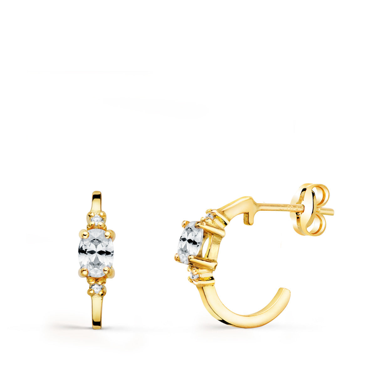 18K Boucles d'oreilles Demi Créoles et Zircon 12 X 3 Or Jaune. Fermoir Poussettes Papillon