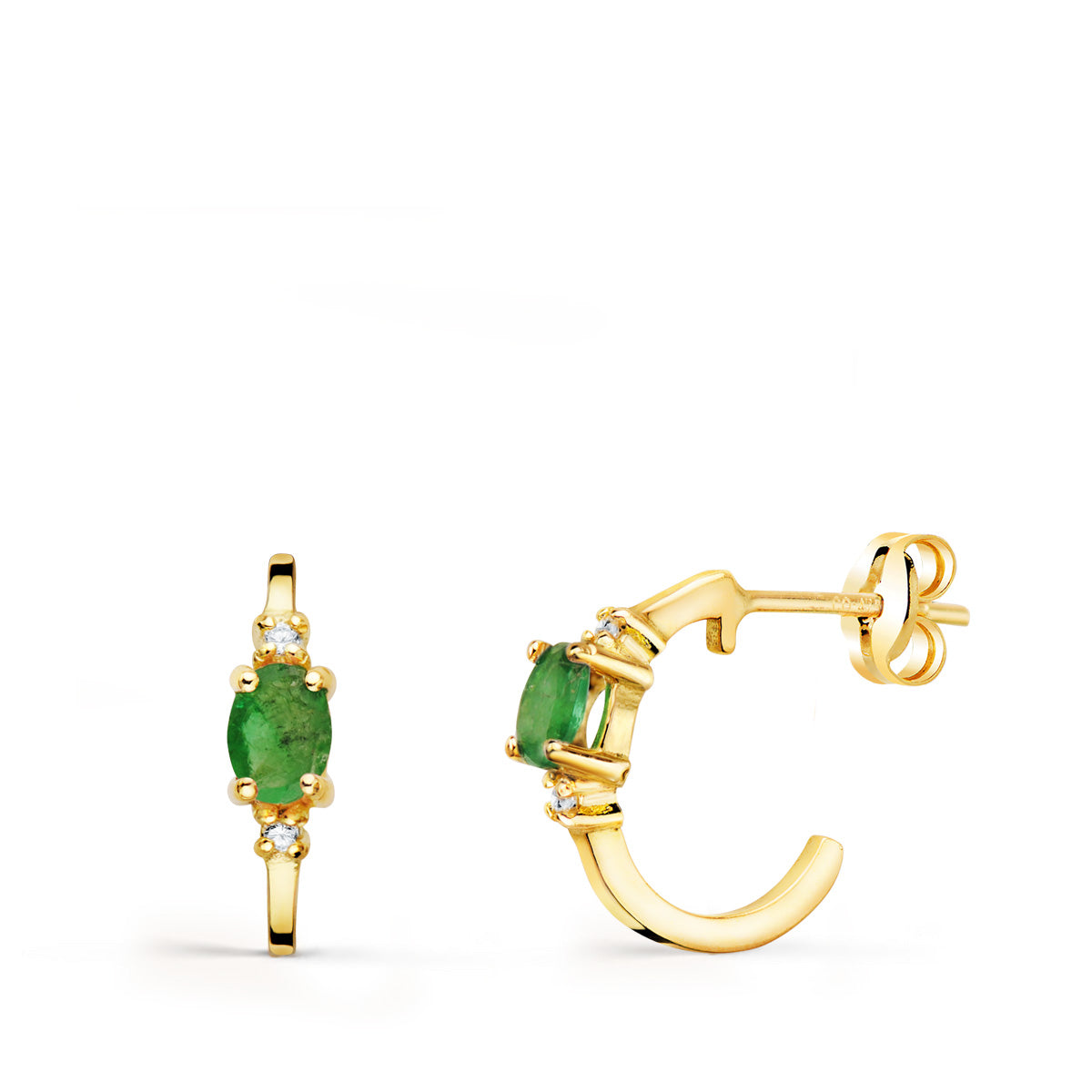 18K Boucles d'oreilles Demi Créoles et Émeraude 12 X 3 Or Jaune. Fermoir Poussettes Papillon
