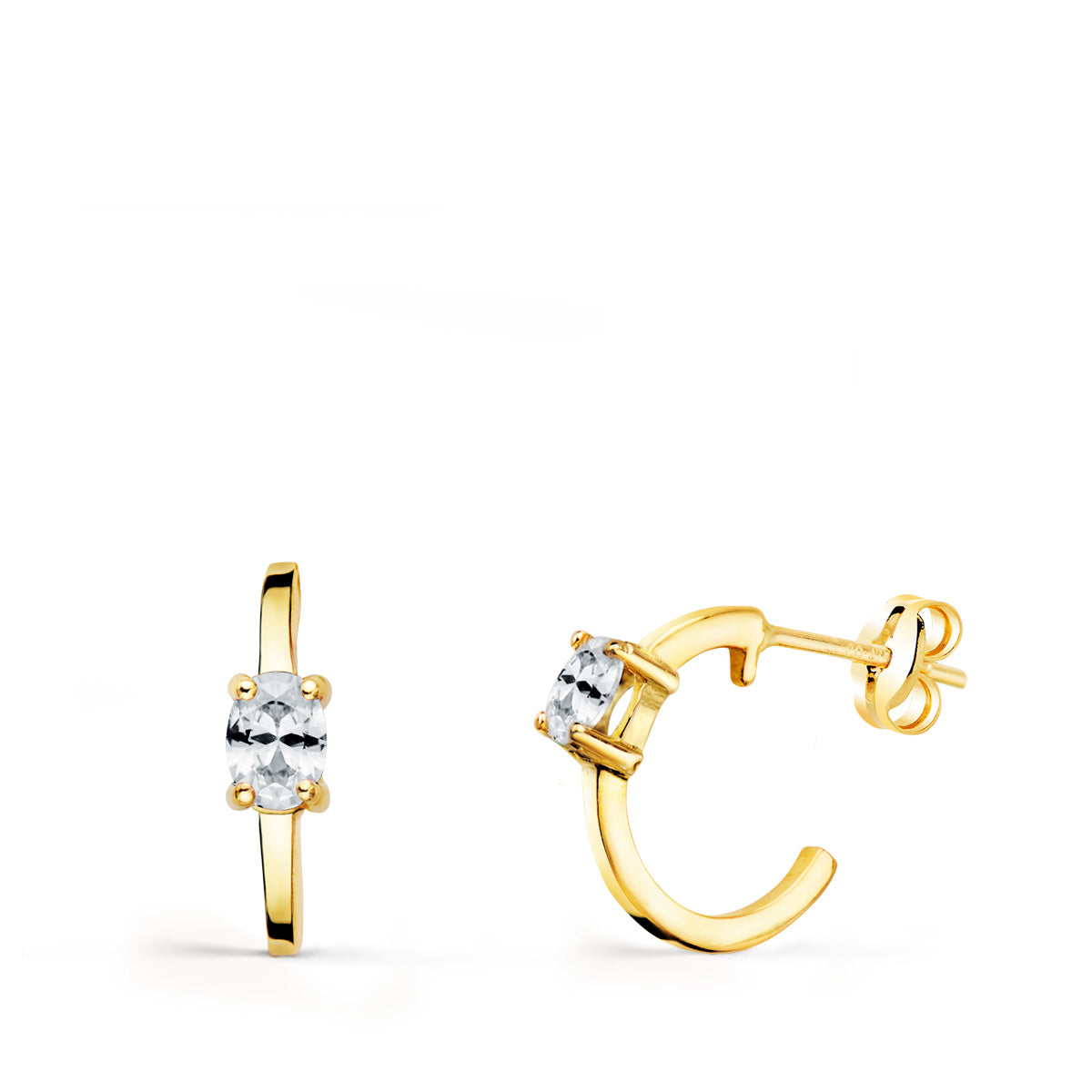 18K Boucles d'oreilles Créoles en Or Jaune et Zircons 12 X 3 Mm. Fermoir Poussettes Papillon