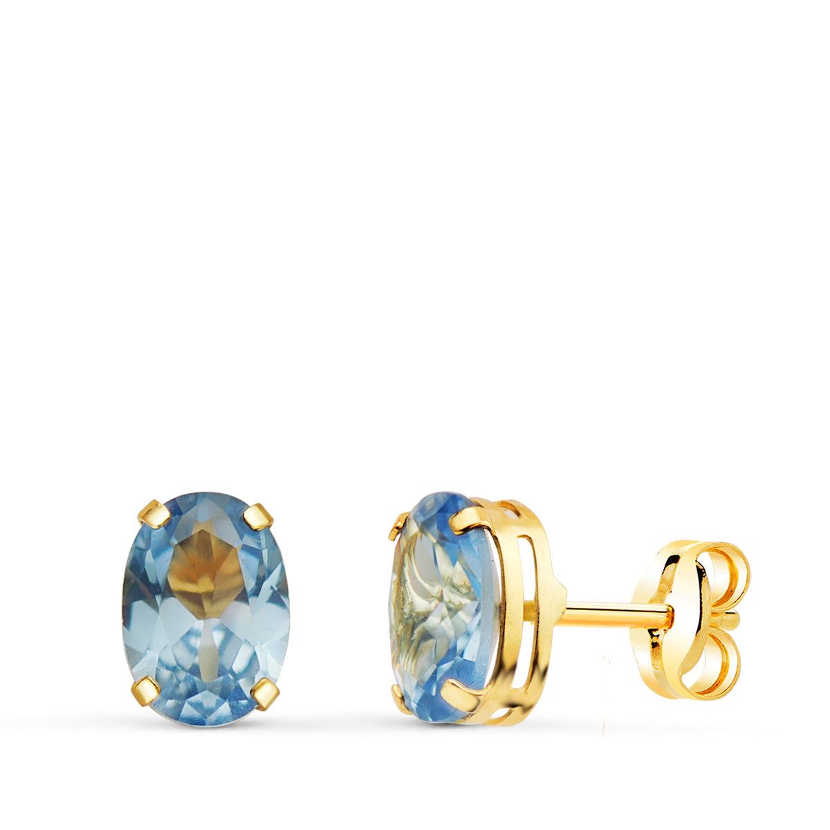 Boucles d'oreilles Or Jaune 18K Pierre Bleue Ovale 7 X 5 mm Fermoir Fermoir Pousseettes Papillon