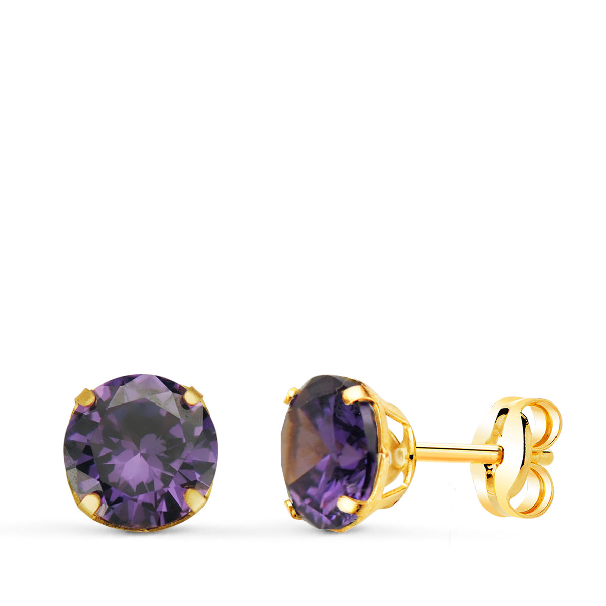 Round Stone Earrings 18K Yellow Gold Color Amethyst Clasp Butterfly Clasp 6 mm