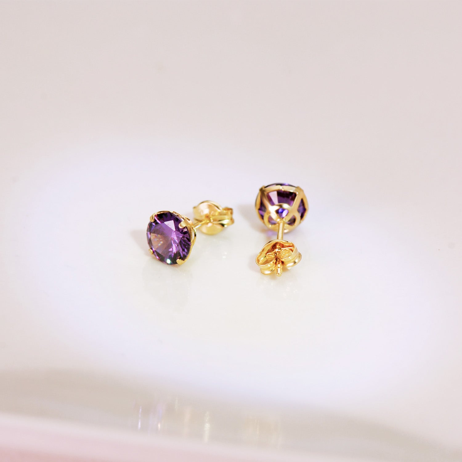 Round Stone Earrings 18K Yellow Gold Color Amethyst Clasp Butterfly Clasp 6 mm