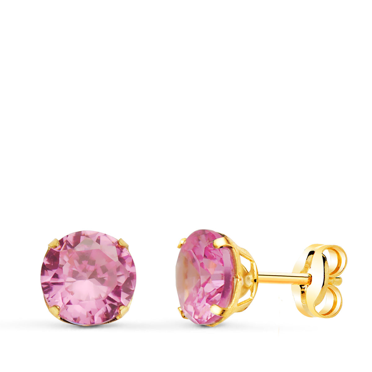 Boucles d'oreilles Rondes en Or Jaune 18K Pierre Rose 6 mm Fermoir Fermoir Pousseettes Papillon