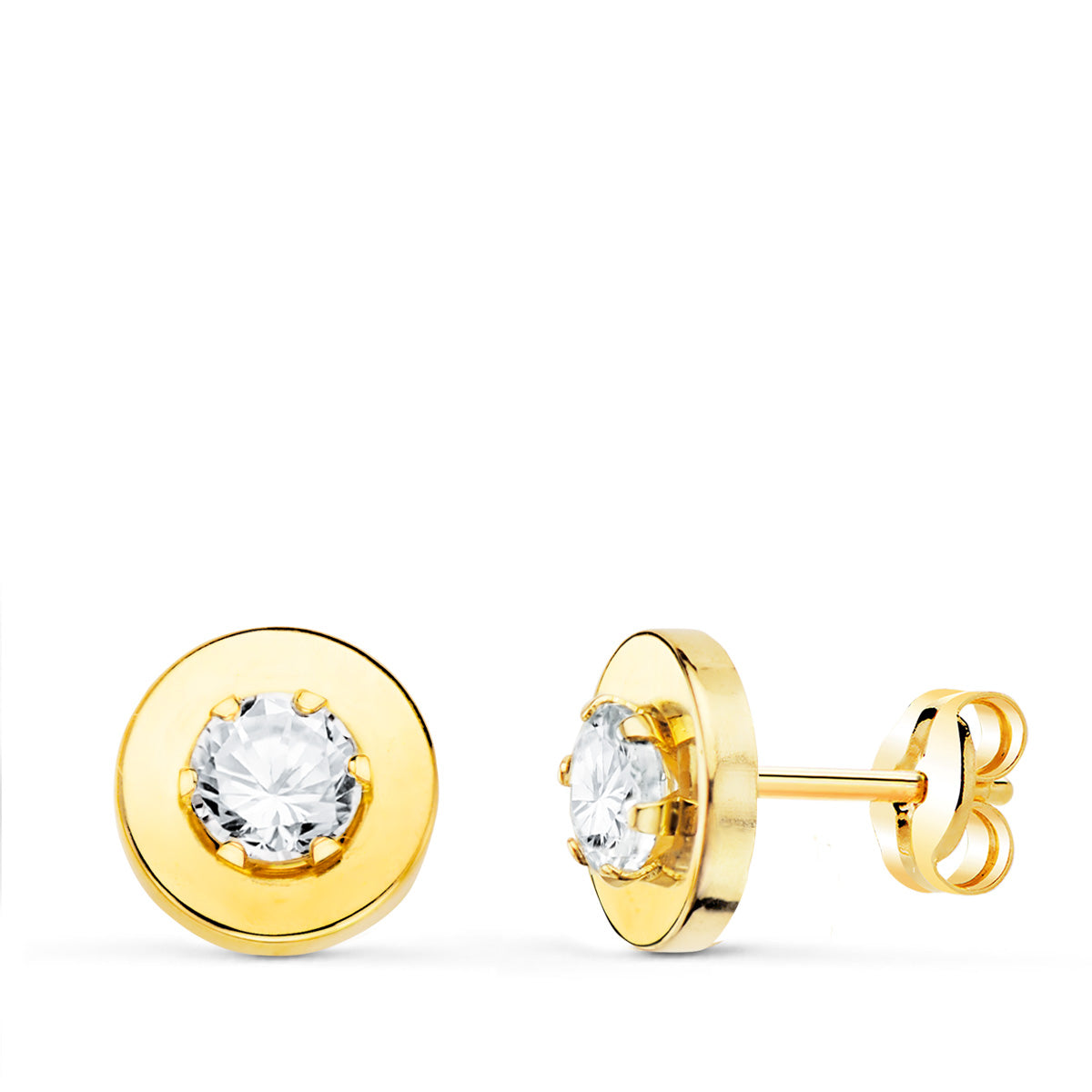 Boucles d'oreilles Or Jaune 18K Monture Lisse et Zircone en Griffes 4MM 7,5 mm Fermoir Poussettes Papillon