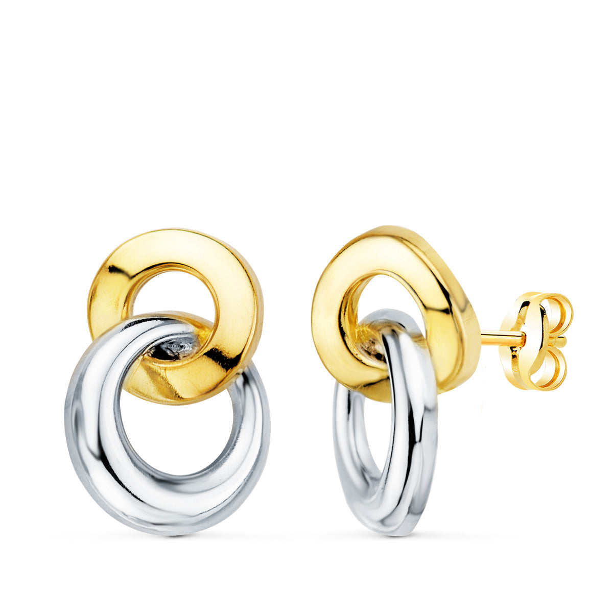 18K tvåfärgade guld dubbelbåge örhängen 13X10 Mm. Tryck lås