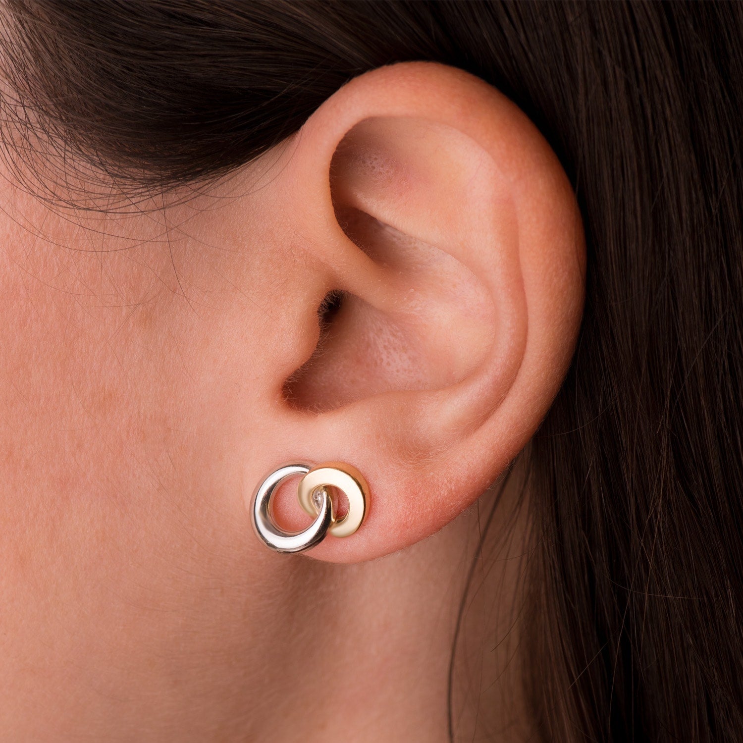 18K tvåfärgade guld dubbelbåge örhängen 13X10 Mm. Tryck lås