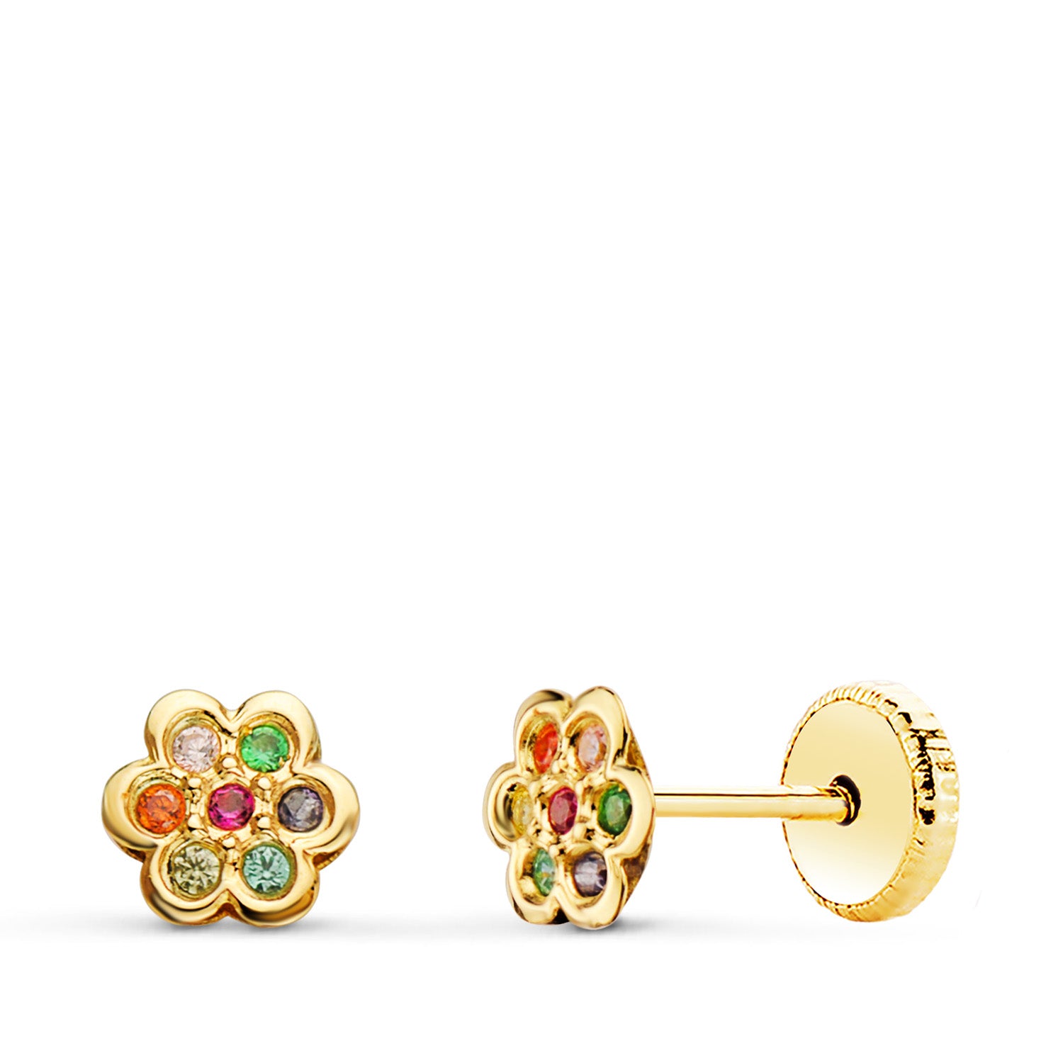 18K Boucles d'oreilles Or Jaune Fleur Zircons 5X5 mm Fermoir à Vis