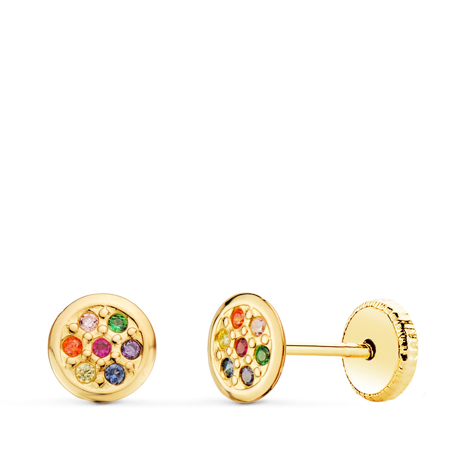Boucles d'oreilles Rondes en Or Jaune 18K avec Zircone Colorées Fermoir à Vis 5,5 mm