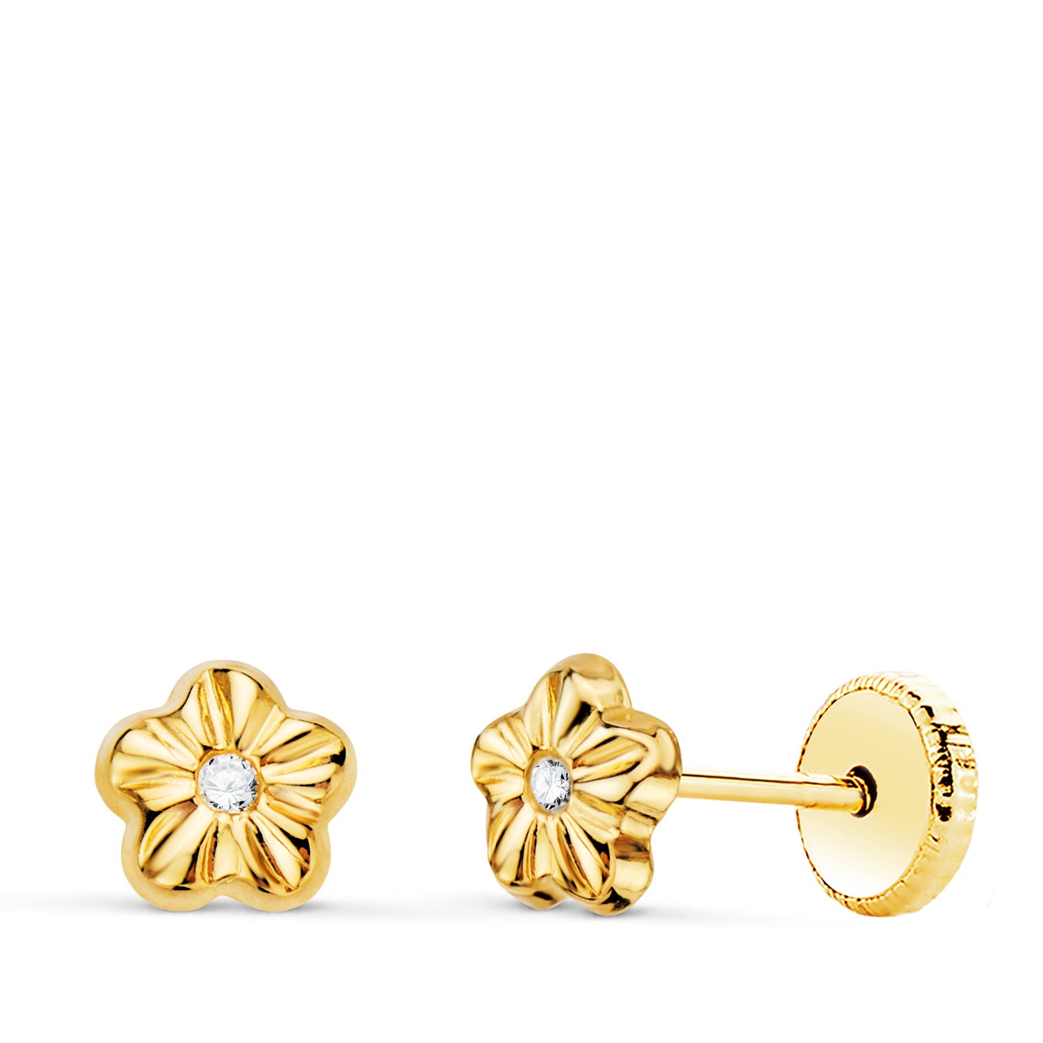 18K Yellow Gold Flower Stud Earrings with Zircons 5X5 mm Screw Clasp
