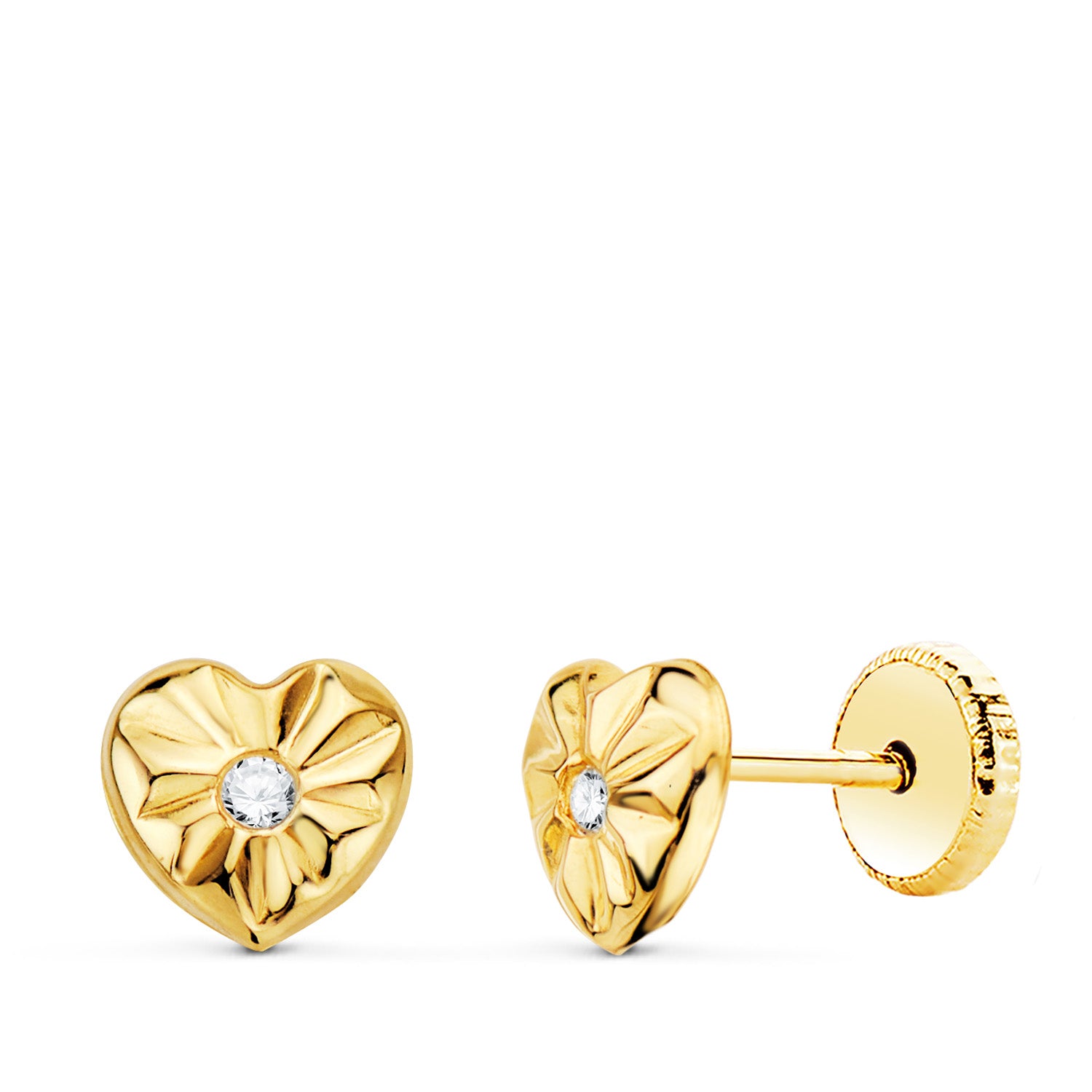 Pendientes Oro Amarillo 18K Corazón y Circonitas 6,5 x 6 mm Cierre Rosca