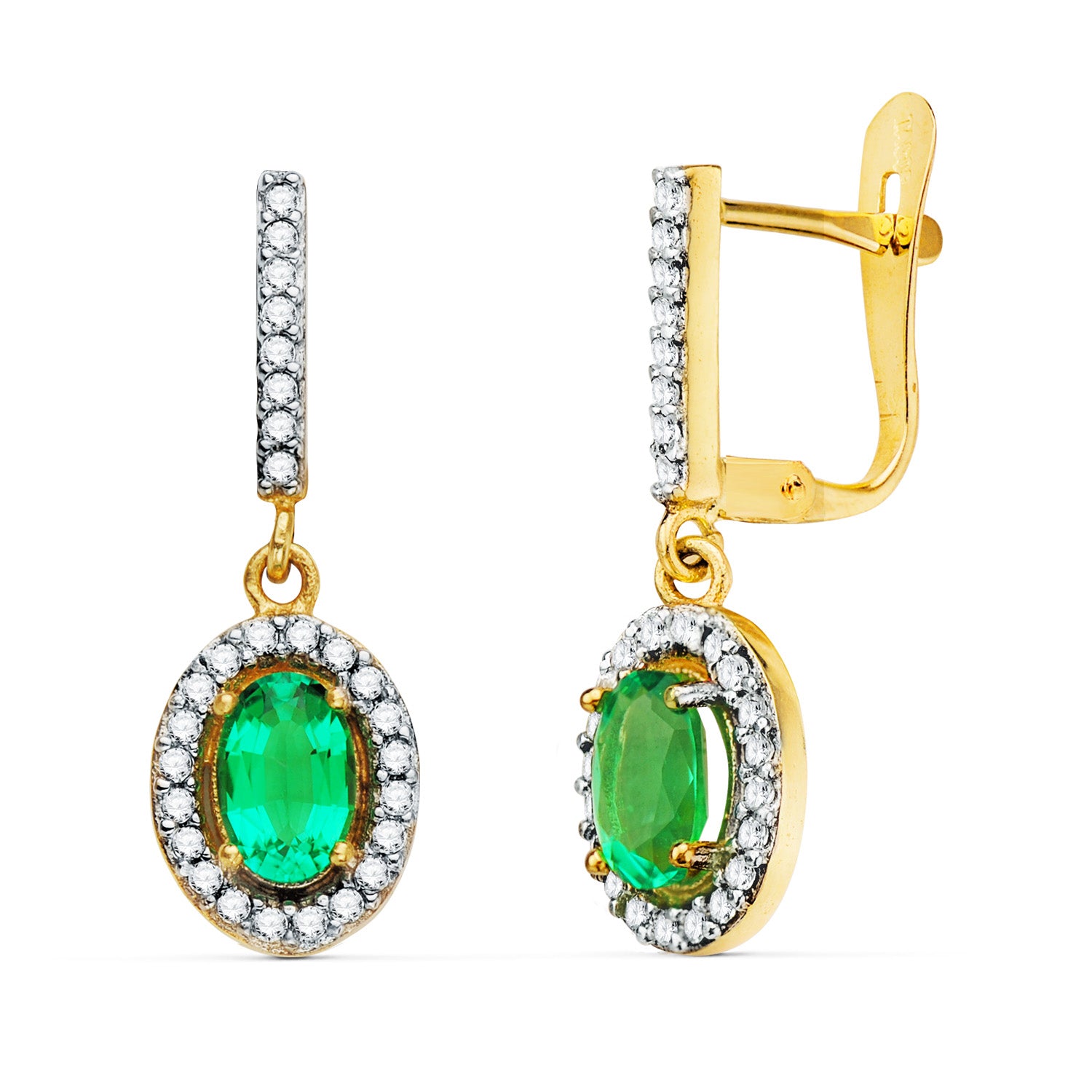 Pendientes de Oro Bicolor de 18K con Esmeralda 6X4 mm y Circonitas. Cierre Catalán 22 X 8 mm