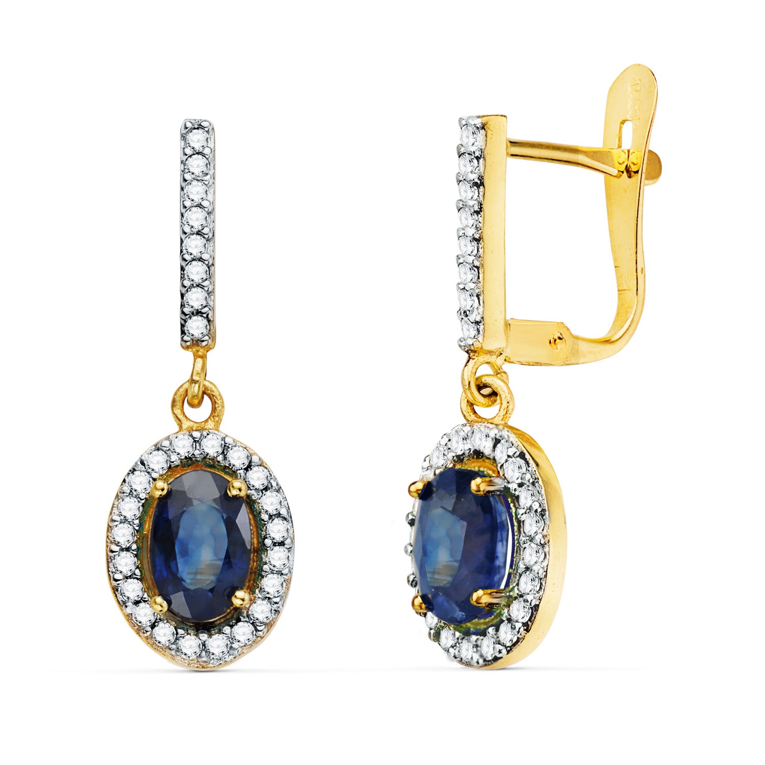 18K Two-tone Gold Emerald Earrings 6X4 mm and Zircons. 22 X 8 mm Catalan Clasp