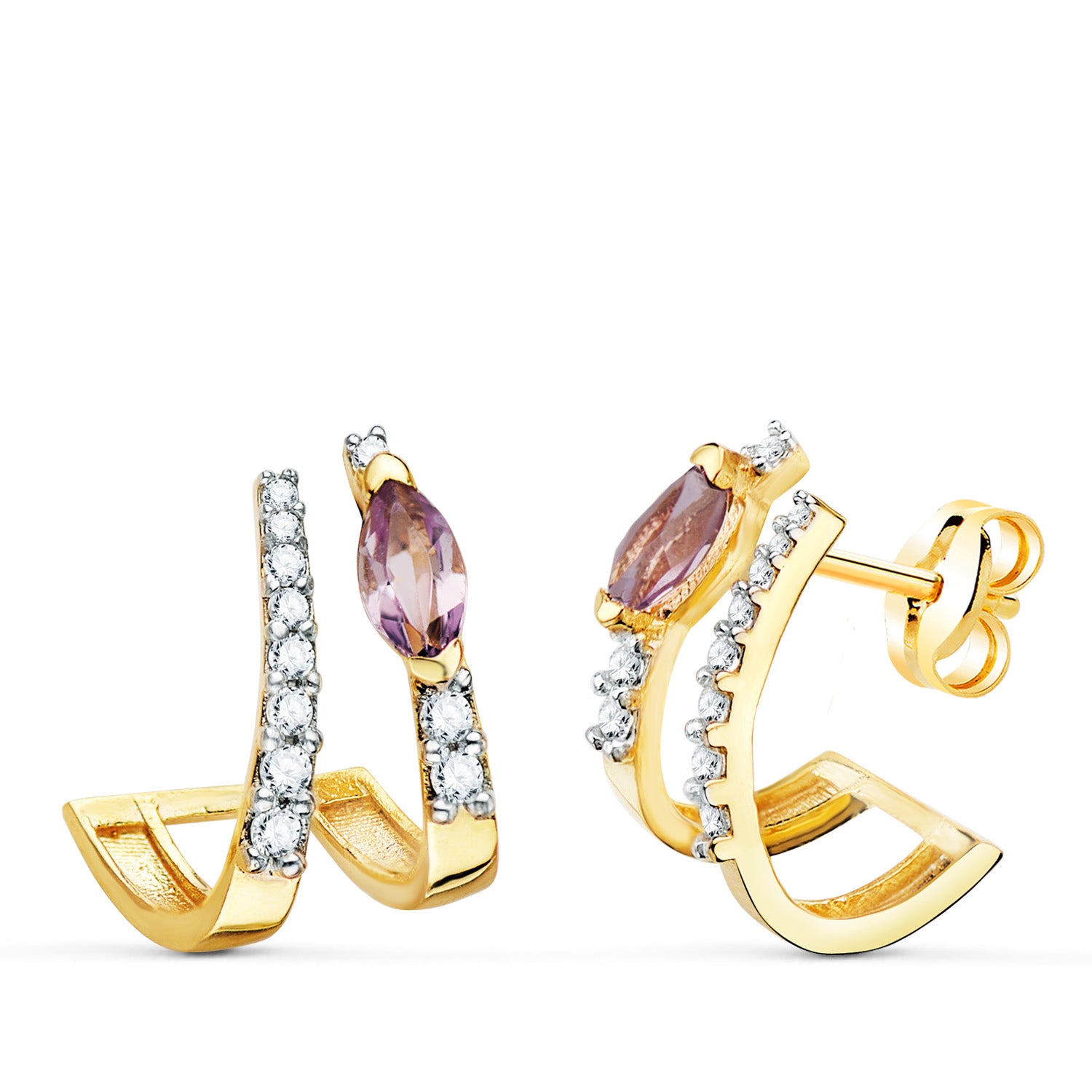 Boucles d'oreilles Or Deux Tons 18K Marquis Améthyste Naturelle 6X3 mm et Zircone Total 16X13 mm Fermoir à Fermoir Pousseettes Papillon