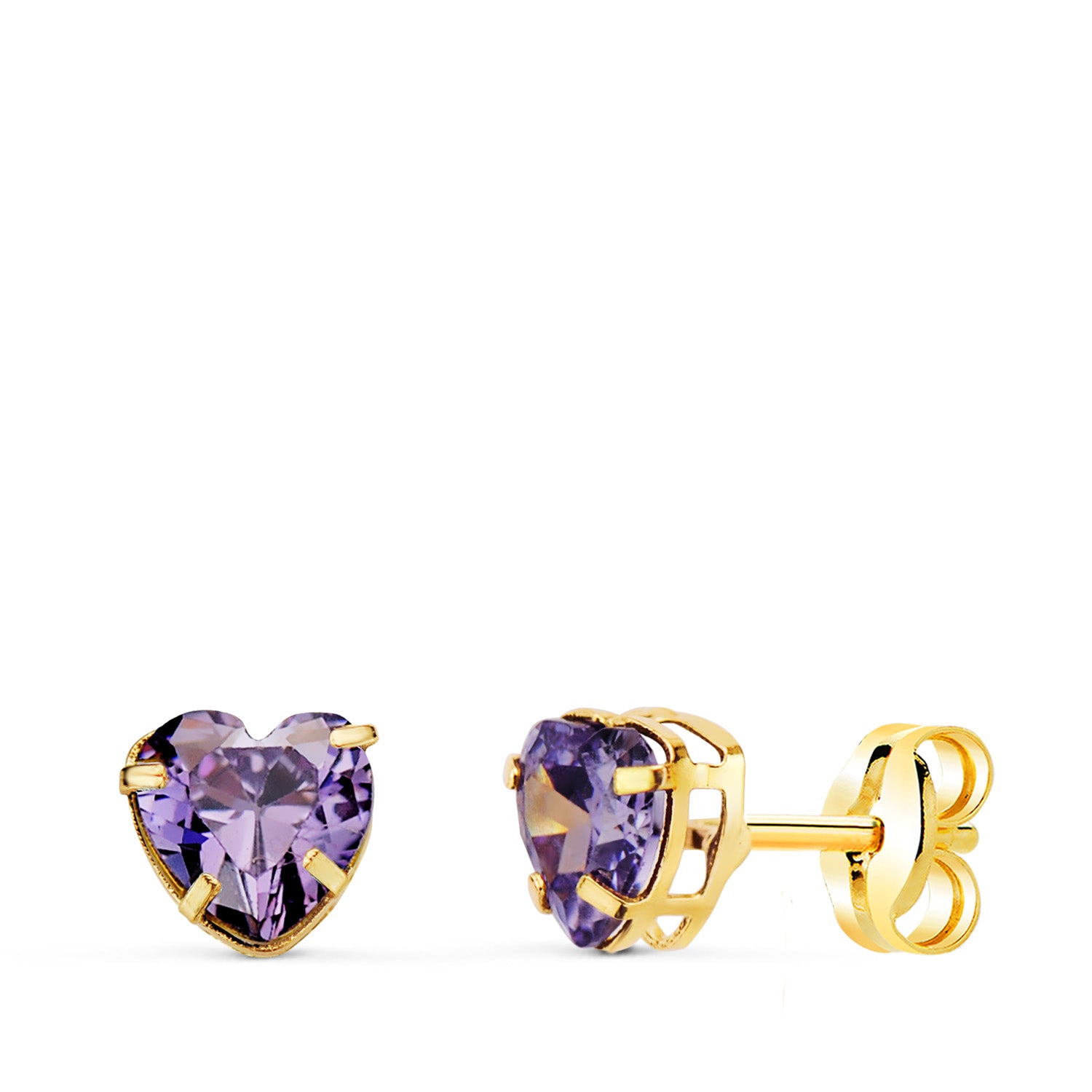 Boucles d'oreilles en Or Jaune 18K C?ur avec Zircon Cubique Améthyste Taille : 5X5 mm Fermeture à Pression
