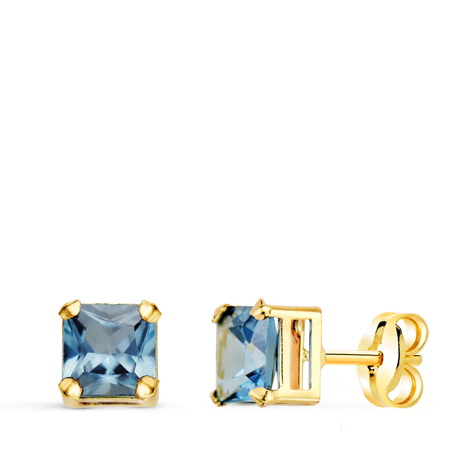 18K Boucles d'oreilles Or Jaune Pierre Couleur Aigue-marine 5,5 X 5,5 Mm. Fermoir Poussettes