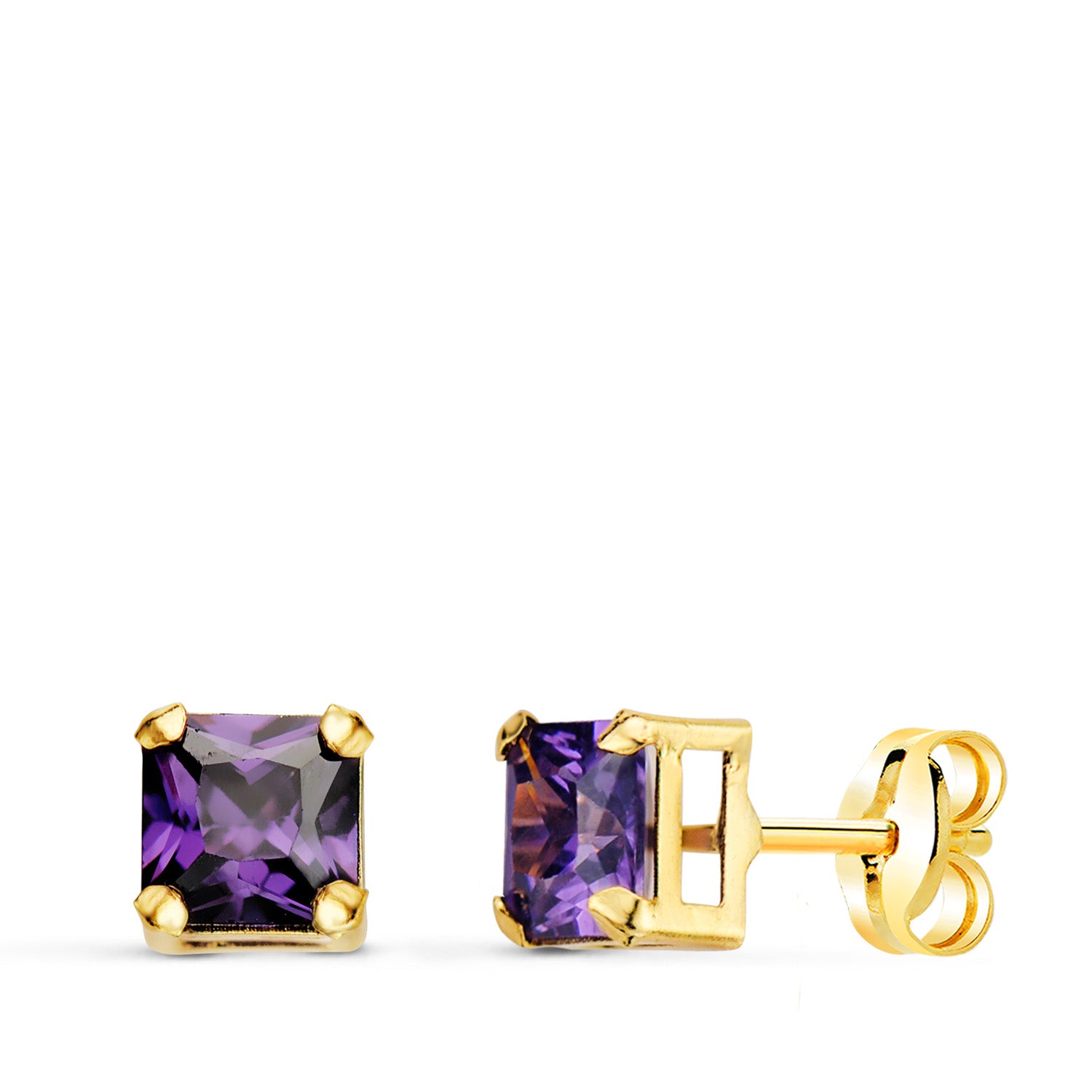 18K Boucles d'oreilles Or Jaune Carrés Pierre Couleur Améthyste 5,5X5,5. Fermoir Poussettes Papillon