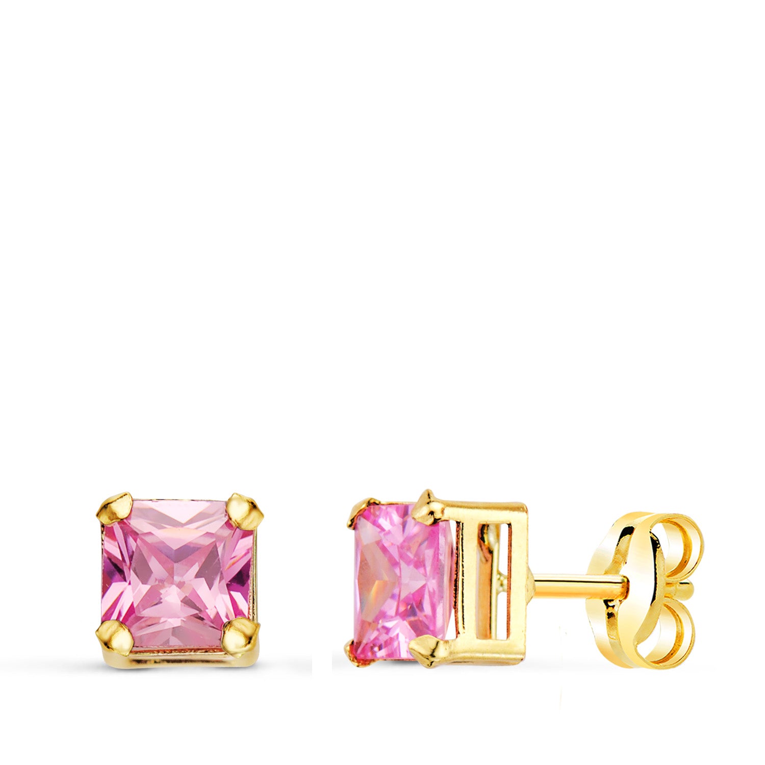 18K gul guld firkantede stenøreringe Pink farve 5,5 x 5,5 mm Butterfly Push lås