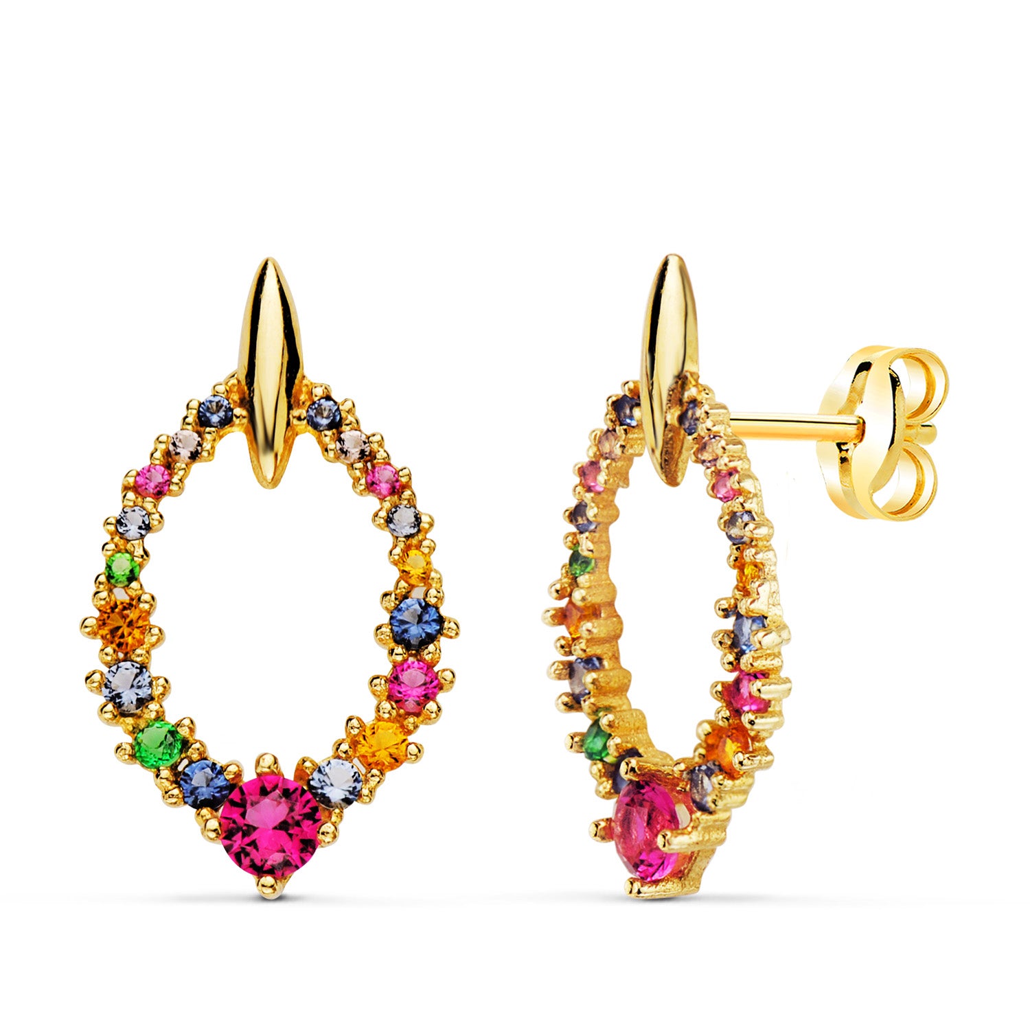 18K Boucles d'oreilles Or Jaune avec Zircons Couleurs Ronds 19 X 11MM. Fermoir Poussettes
