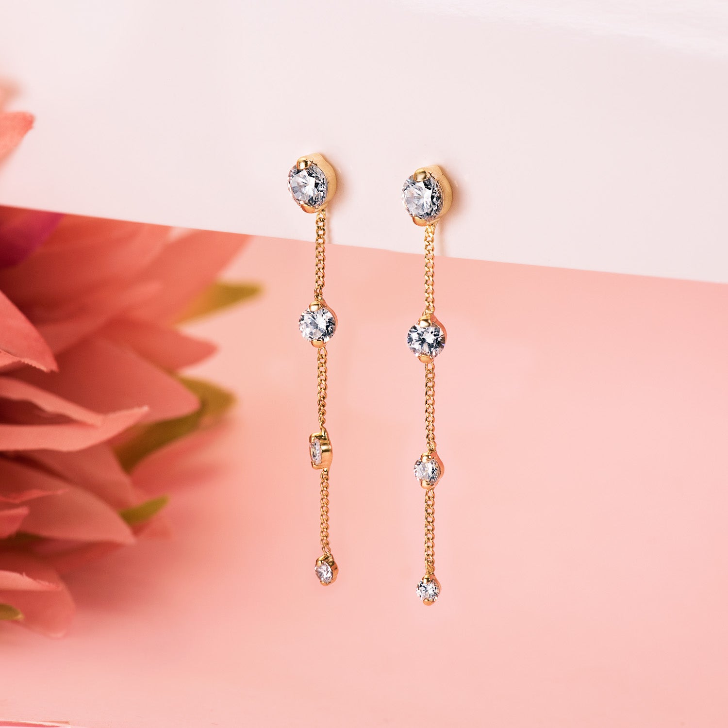 18K Long Earrings with Chain and Zircons 46 Mm. Push Clasp