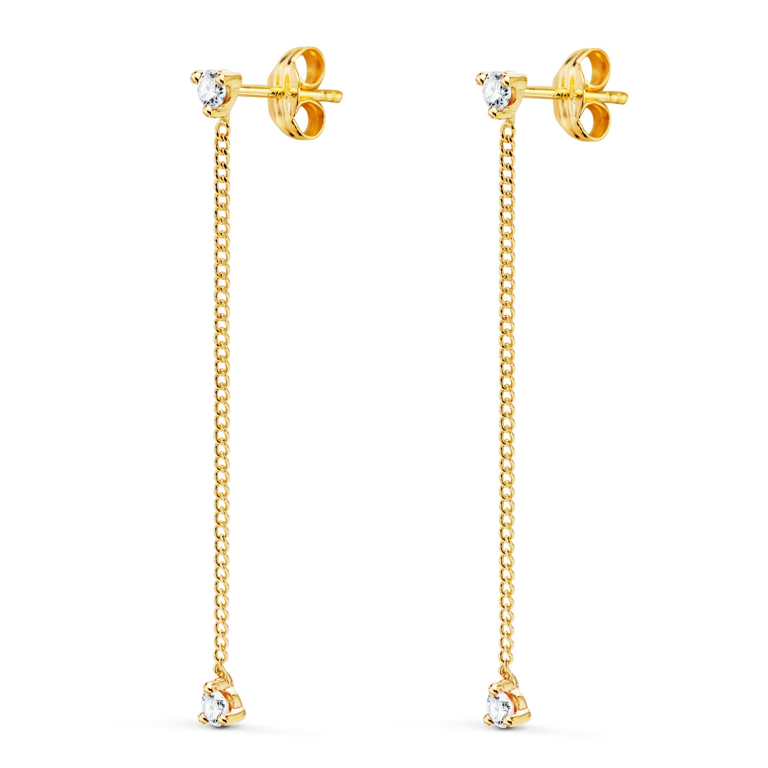 18K Boucles d'oreilles Longues avec Chaîne et Zircons 42 Mm. Fermoir Poussettes