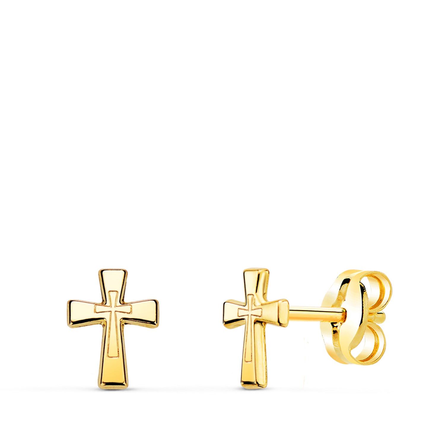 18K Boucles d'oreilles Croix en Or Jaune 6 X 4,5 mm Fermoir Poussettes
