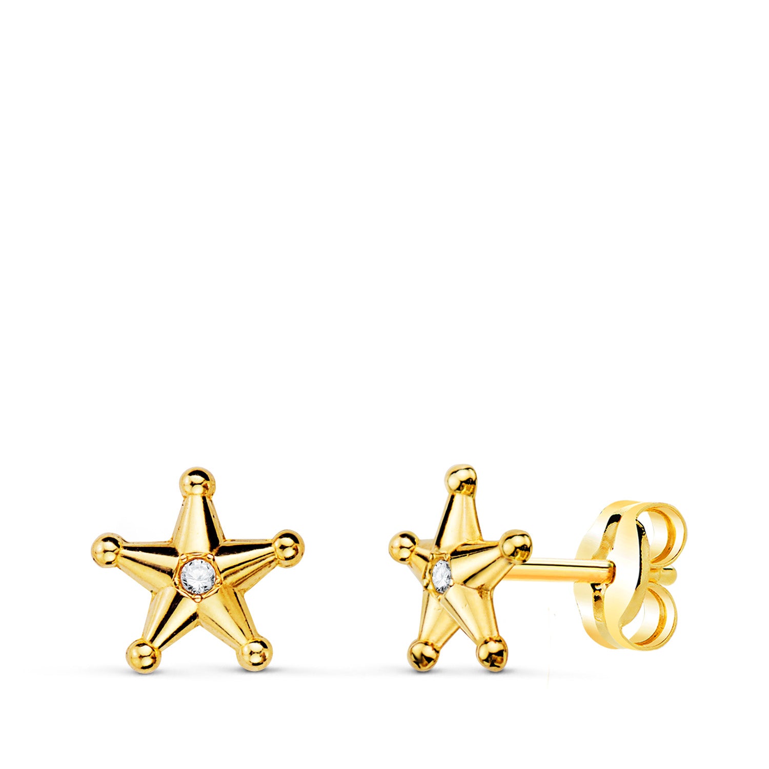 18K Boucles d'oreilles Or Jaune Étoile Sheriff Zircons. 7 X 7. Fermoir Poussettes